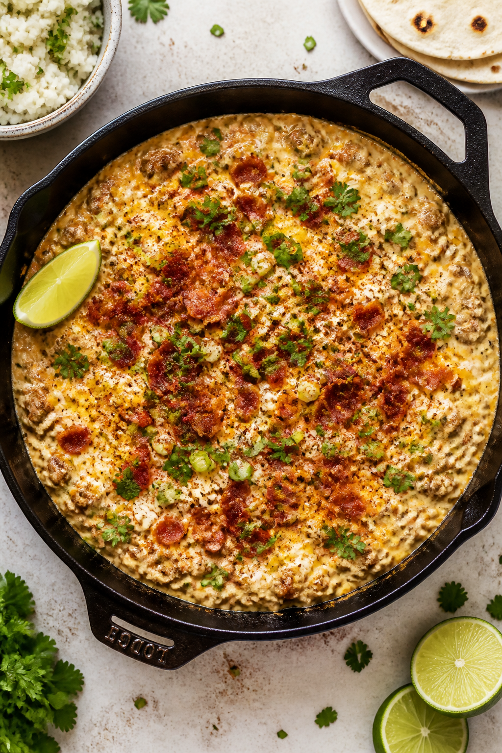 Tasty top view: Overhead shot of the finished Ground Turkey Jalapeño Popper Skillet, ultra-creamy a