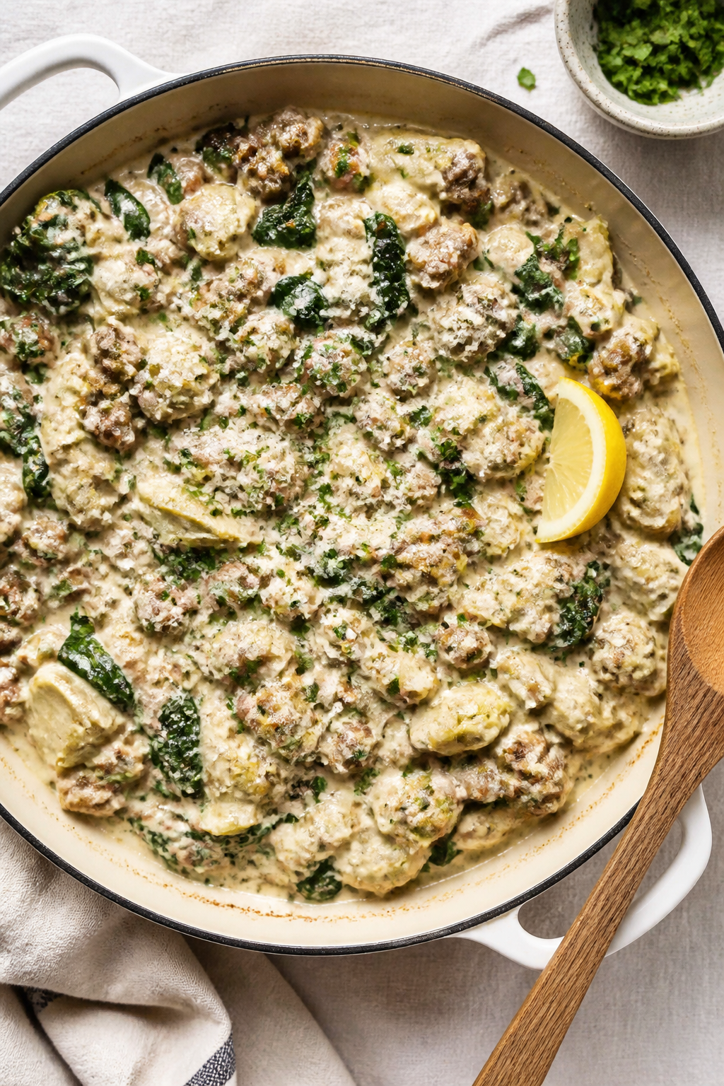 Tasty top view: Overhead shot of the finished Keto Turkey Spinach Artichoke Skillet in-pan, garnishe