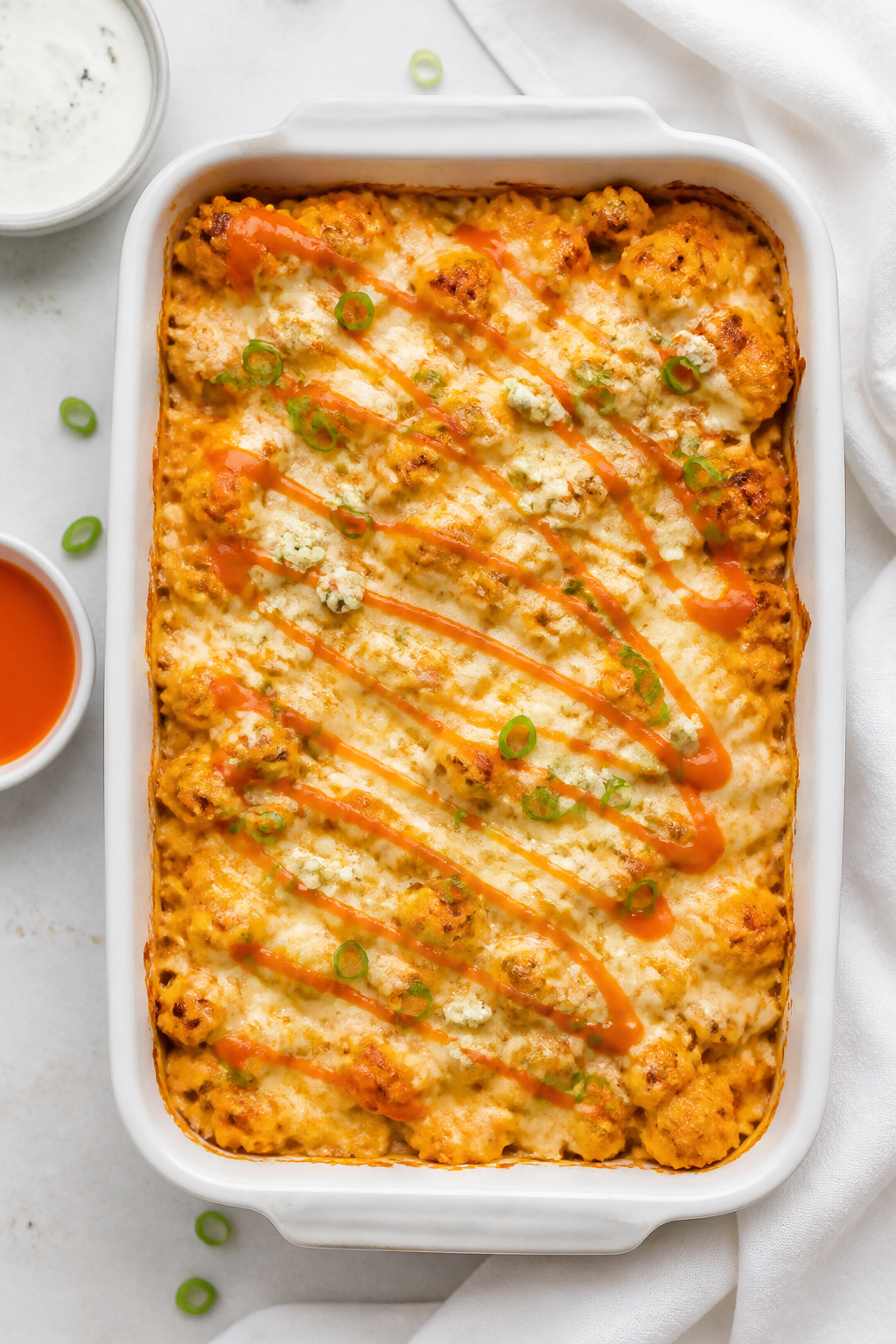 Tasty top view: Overhead shot of the Ground Turkey Buffalo Cauliflower Bake just out of the oven in