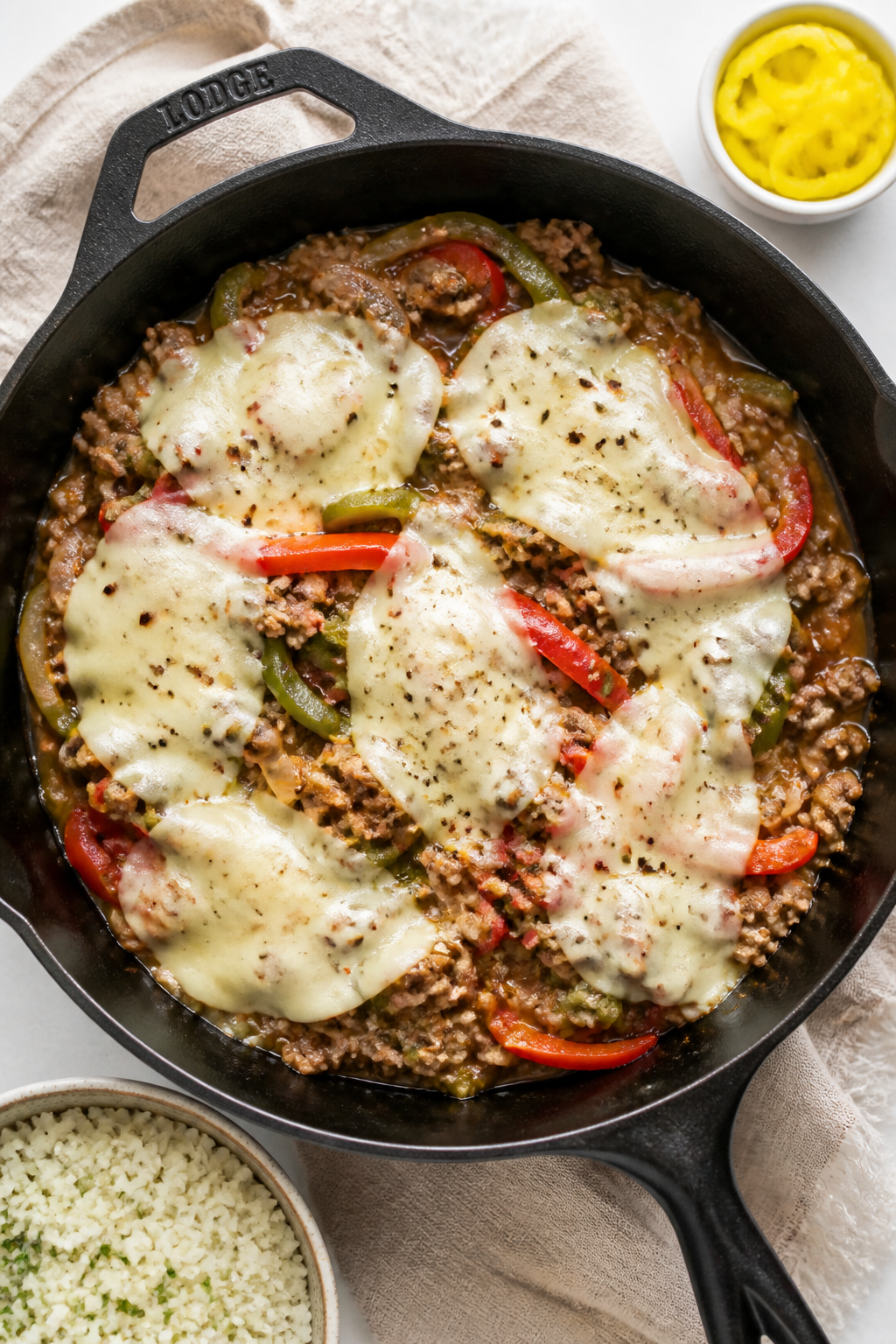 Tasty top view: Overhead shot of the Ground Turkey Philly Cheesesteak Skillet just after melting, wi