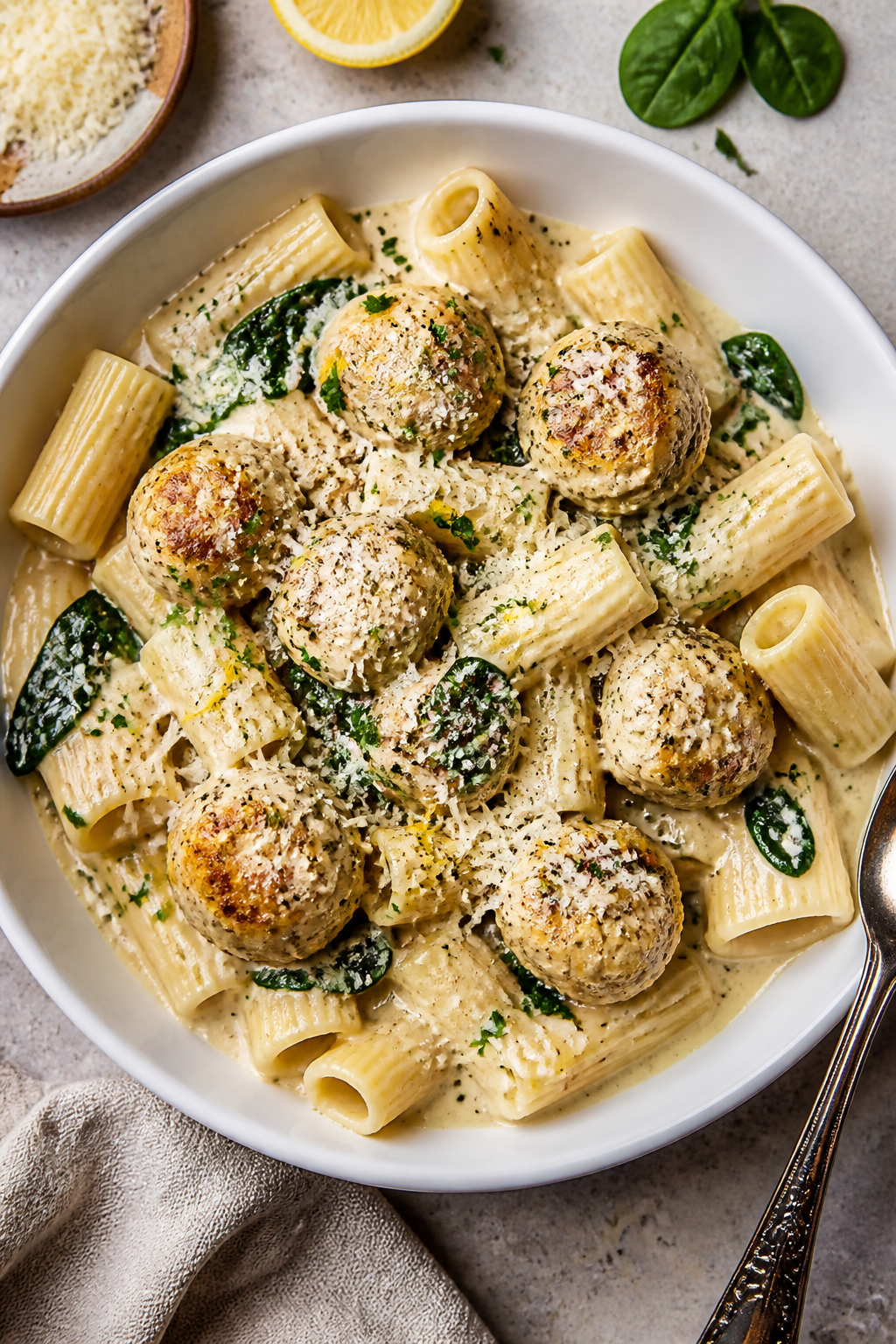 Tasty top view, overhead shot: Overhead of creamy garlic Parmesan turkey meatballs nestled in a silk
