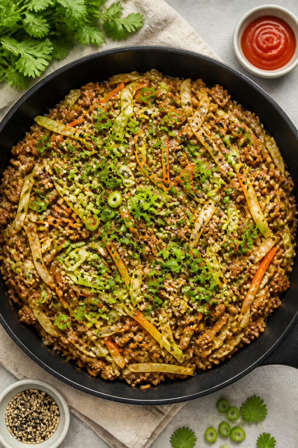 Tasty top view, overhead shot: Overhead of the finished Ground Turkey Crack Slaw served family-style