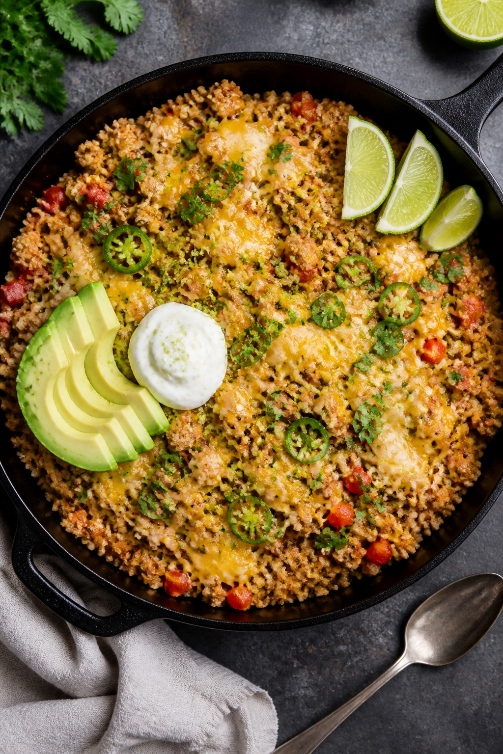 Tasty top view, overhead shot: Overhead shot of the finished One-Pan Keto Turkey Taco Rice in the sk