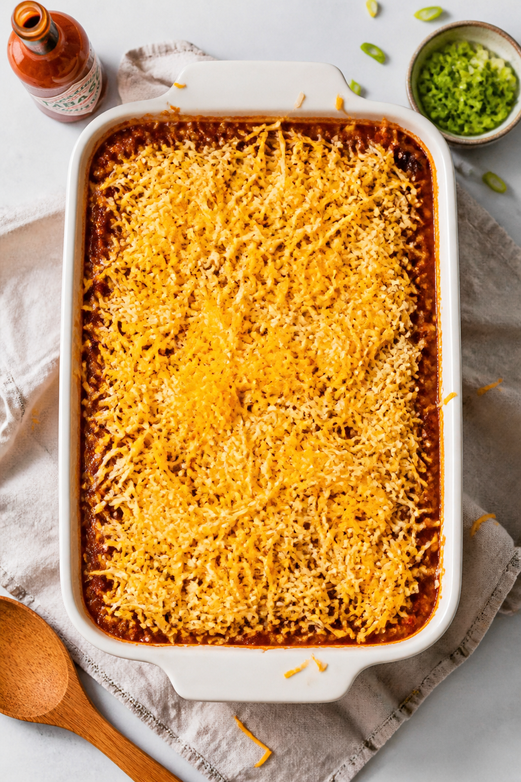 Tasty top view, pre-oven assembly: Overhead shot of the assembled Ground Turkey Chili Cheese Bake in