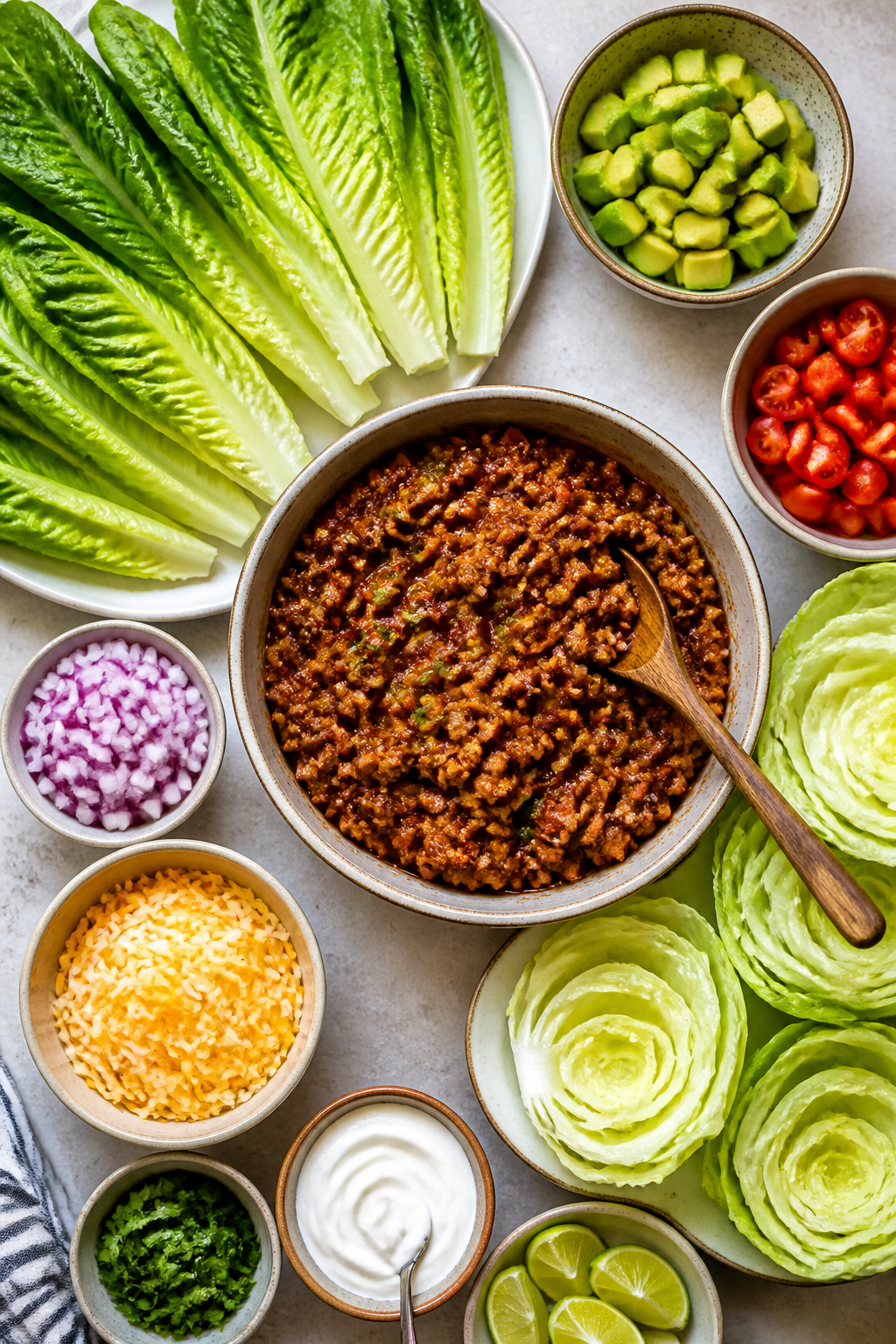 Tasty top-view spread: Overhead shot of a DIY lettuce wrap setup ready to serve—rows of crisp roma