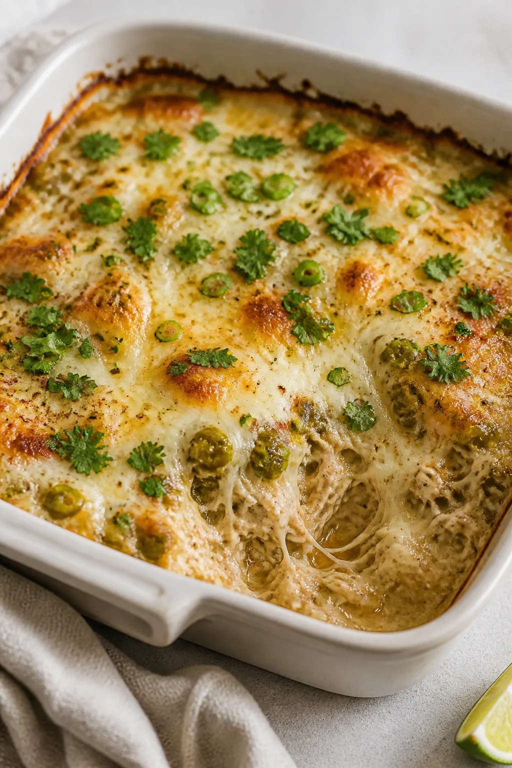 Close-up detail: A bubbling, just-out-of-the-oven Keto Green Chile Chicken Casserole in a 9x9 cerami