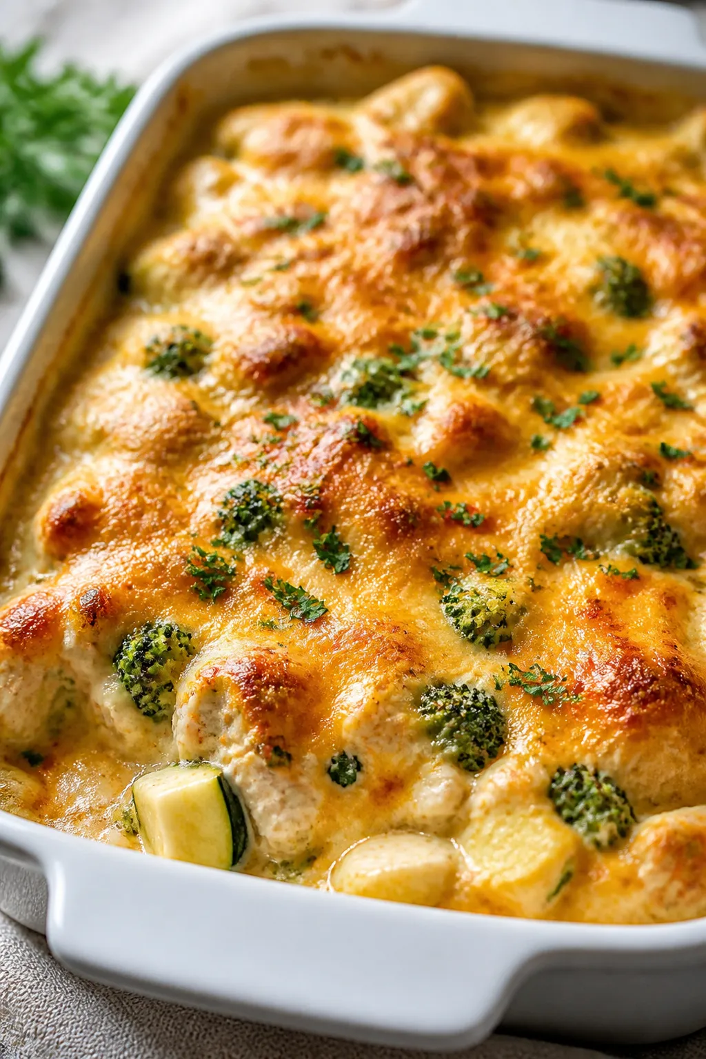 Close-up detail: A bubbling keto chicken casserole just out of the oven, golden, slightly crisp ched