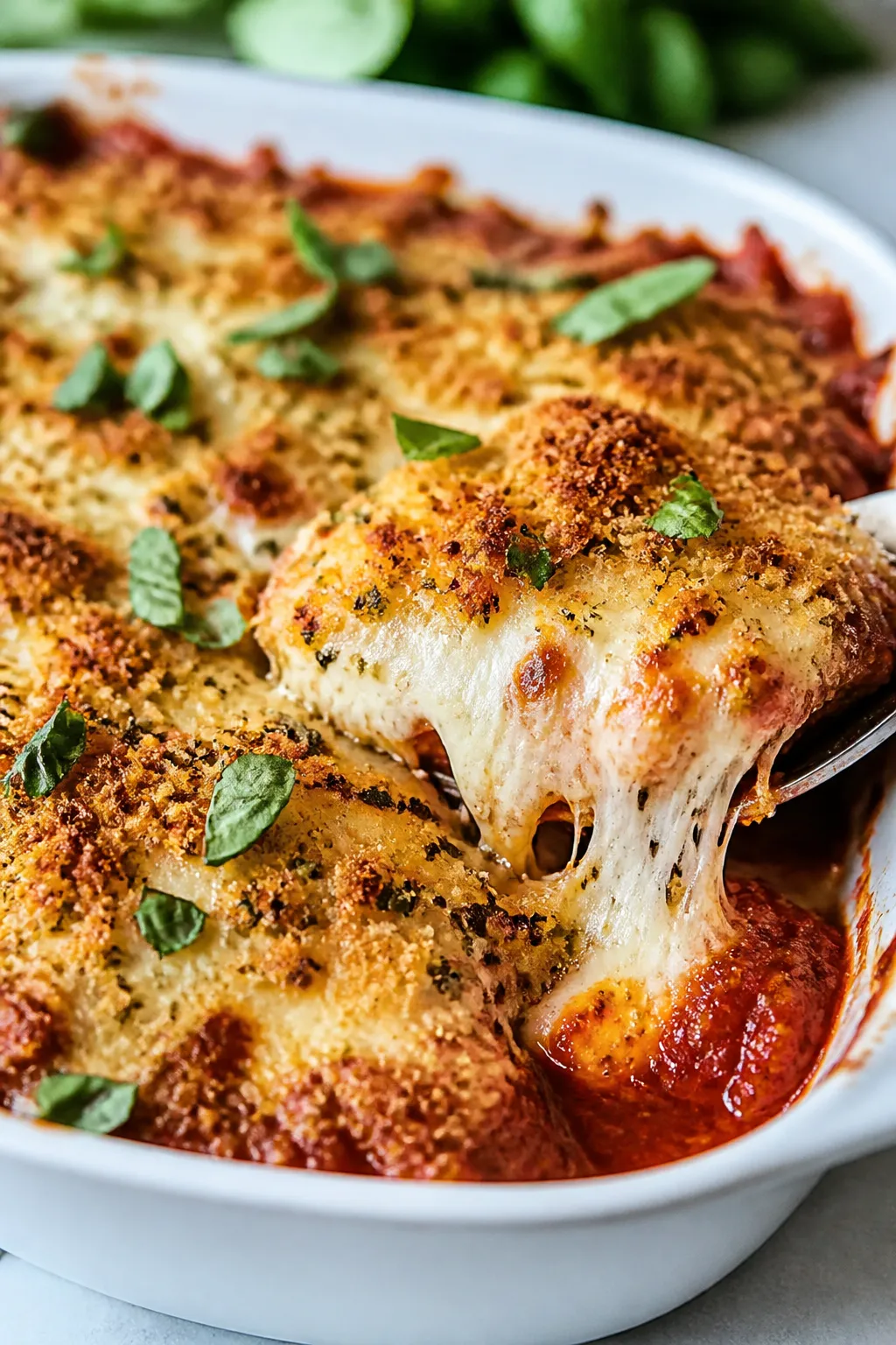 Close-up detail: A bubbling keto chicken parmesan casserole just pulled from the oven, showing a gol