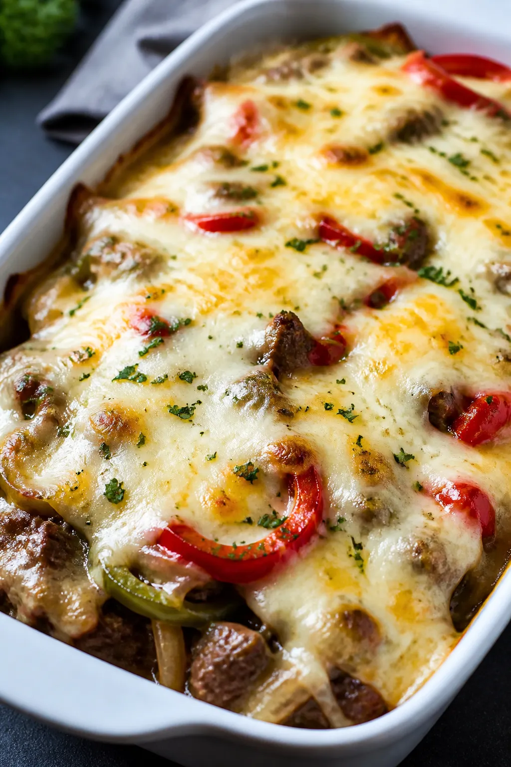 Close-up detail: A bubbling Keto Philly Cheesesteak Casserole just out of the oven, cheese melted an