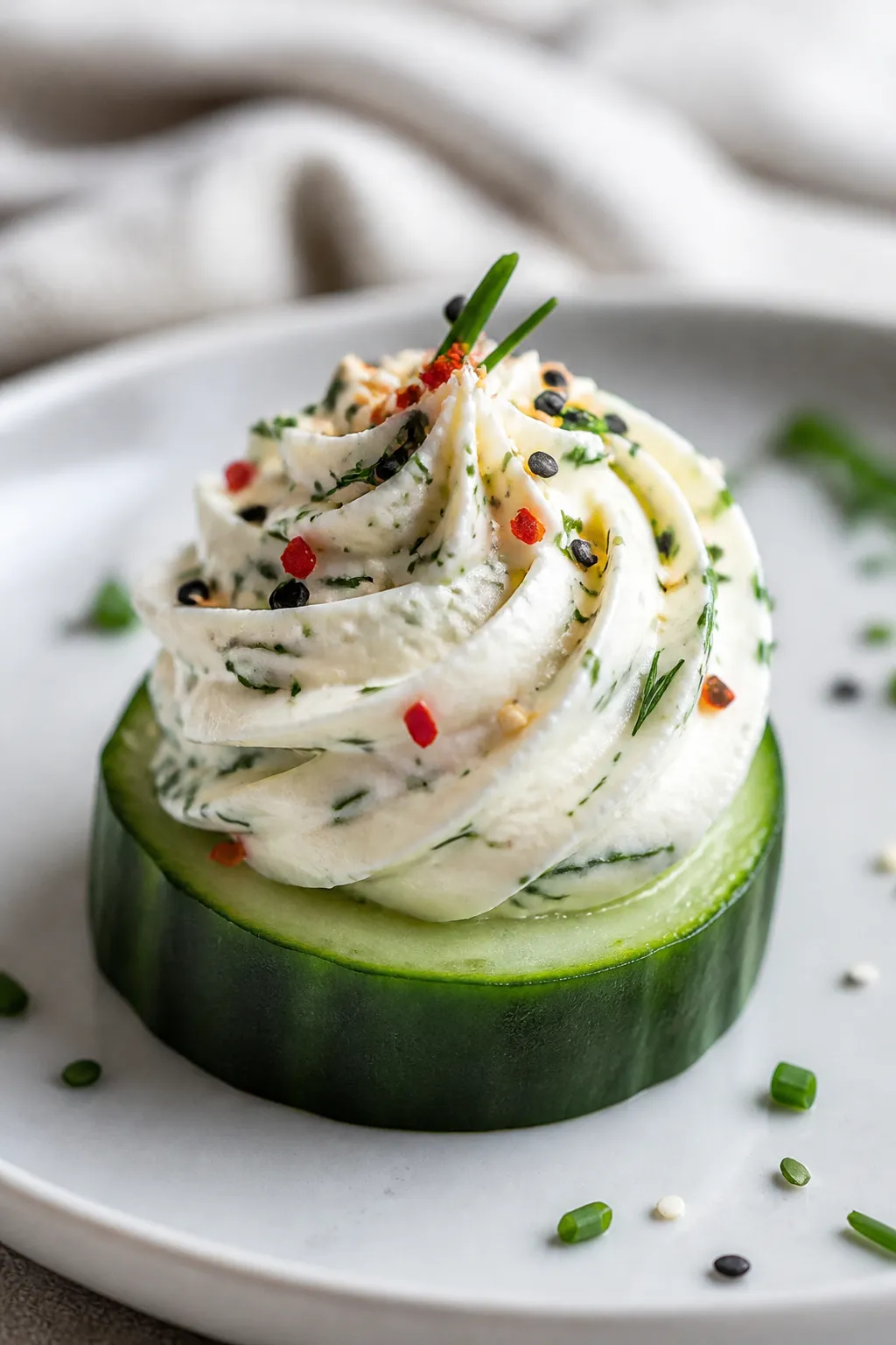 Close-up detail: A finished Keto Cucumber Cream Cheese Bite perched on a matte white ceramic plate, 