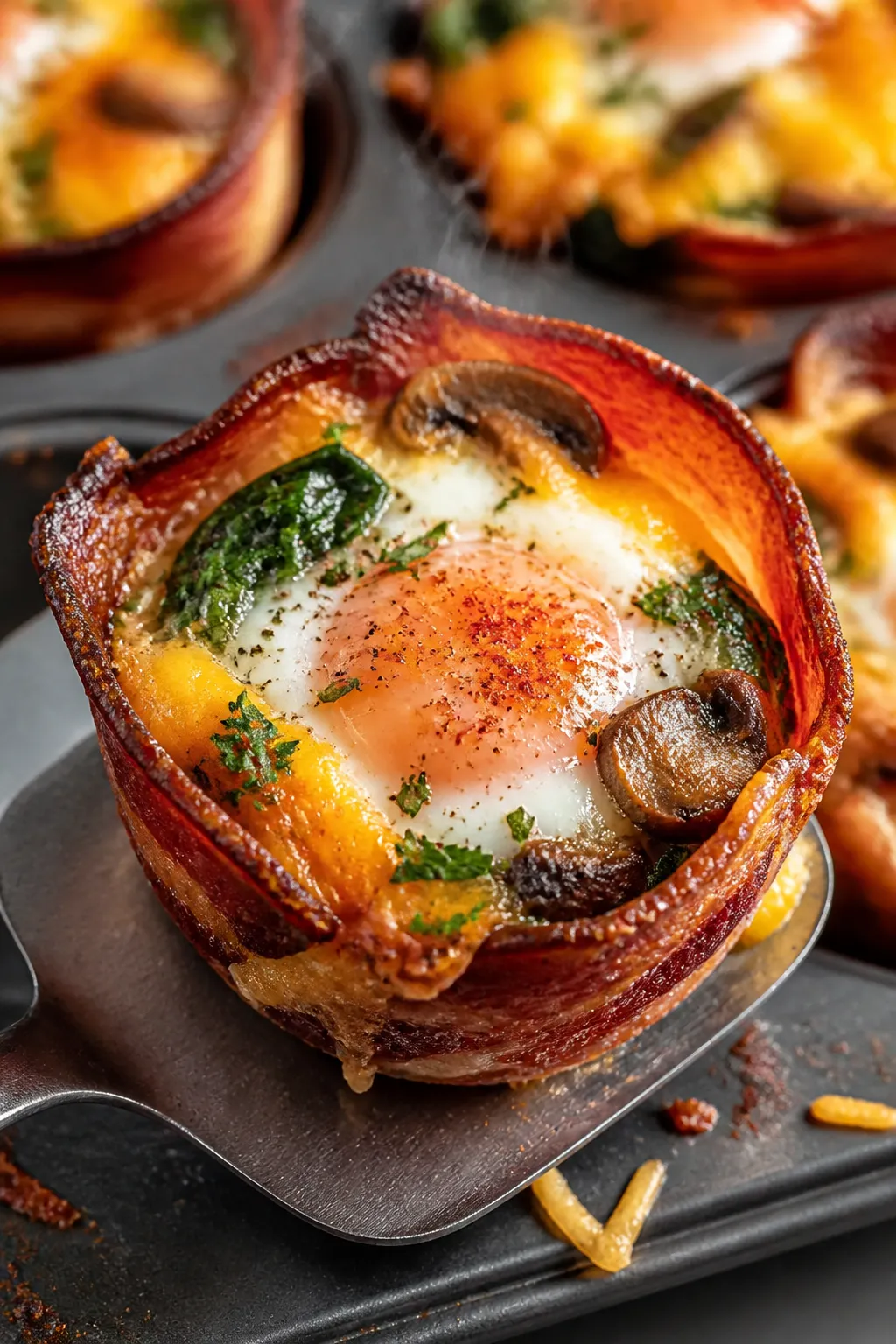 Close-up detail: A just-baked keto bacon and egg cup lifted from a muffin tin, showing a crisp, maho