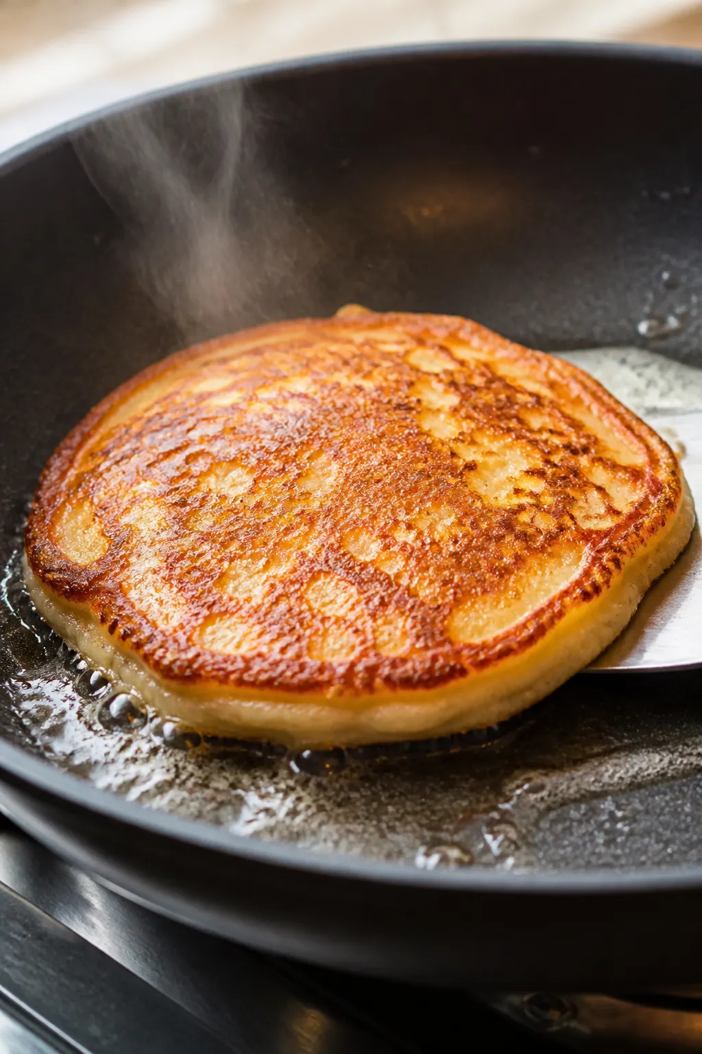 Close-up detail: A just-flipped keto almond flour pancake on a nonstick skillet, golden-brown unders