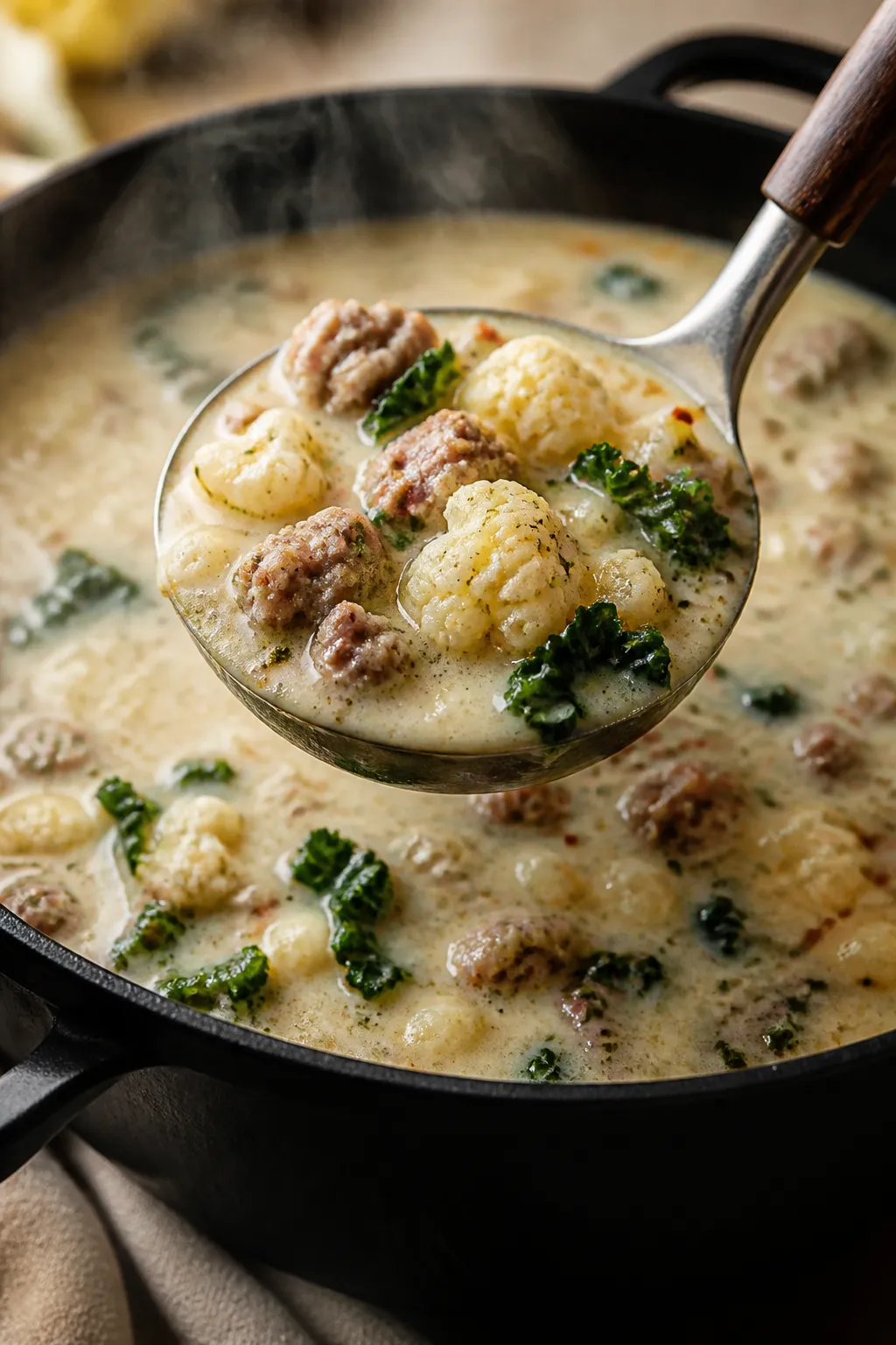 Close-up detail: A ladle lifting creamy Keto Sausage and Cauliflower Soup from a Dutch oven, showing