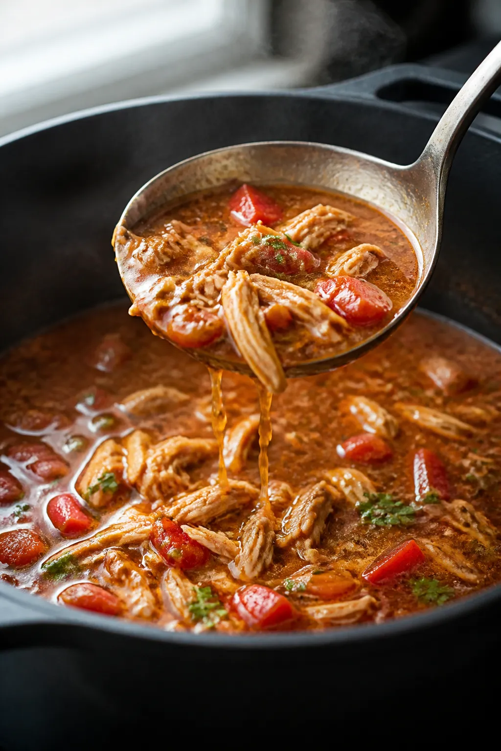 Close-up detail: A ladle pouring simmering keto chicken tortilla soup back into a matte black Dutch