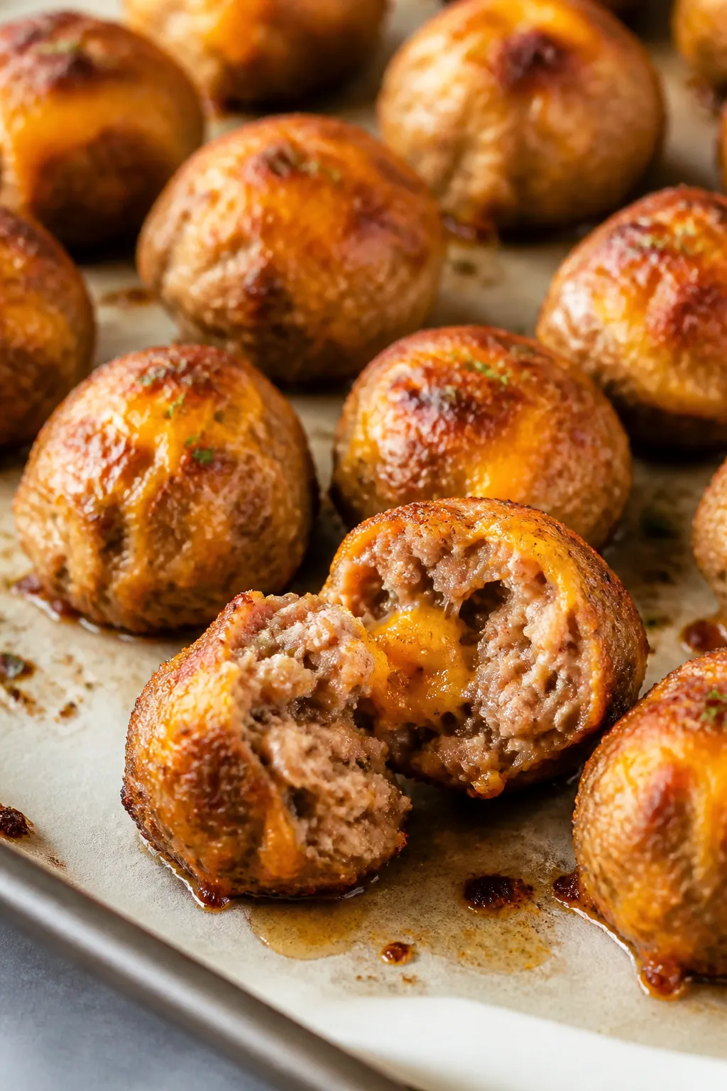 Close-up detail: A tray of freshly baked keto cheesy sausage balls just out of the oven, golden-brow