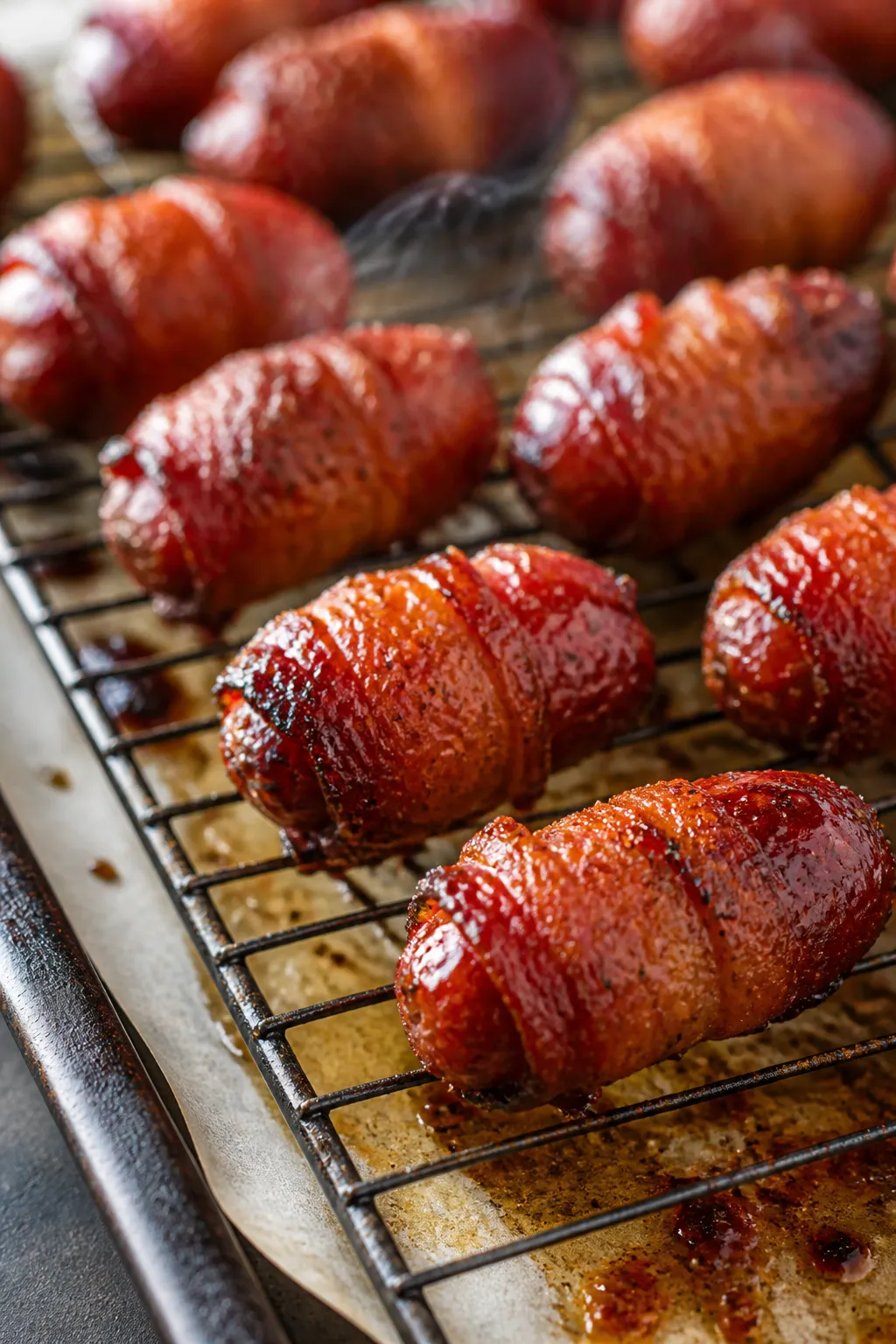 Close-up detail: Bacon-wrapped little smokies just out of the oven on a wire rack, bacon deeply brow