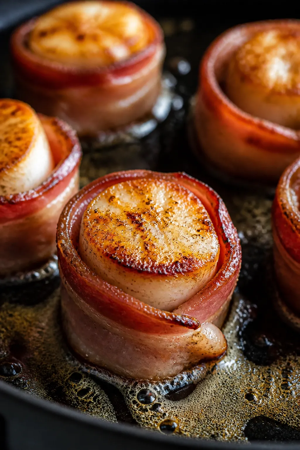 Close-up detail: Bacon-wrapped scallops searing in a hot skillet, golden crust forming on the top su