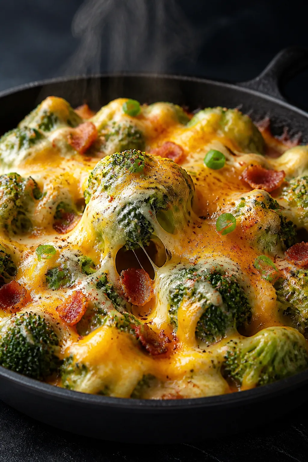 Close-up detail: Broccoli florets coated in a glossy creamy cheese sauce in a black oven-safe skille