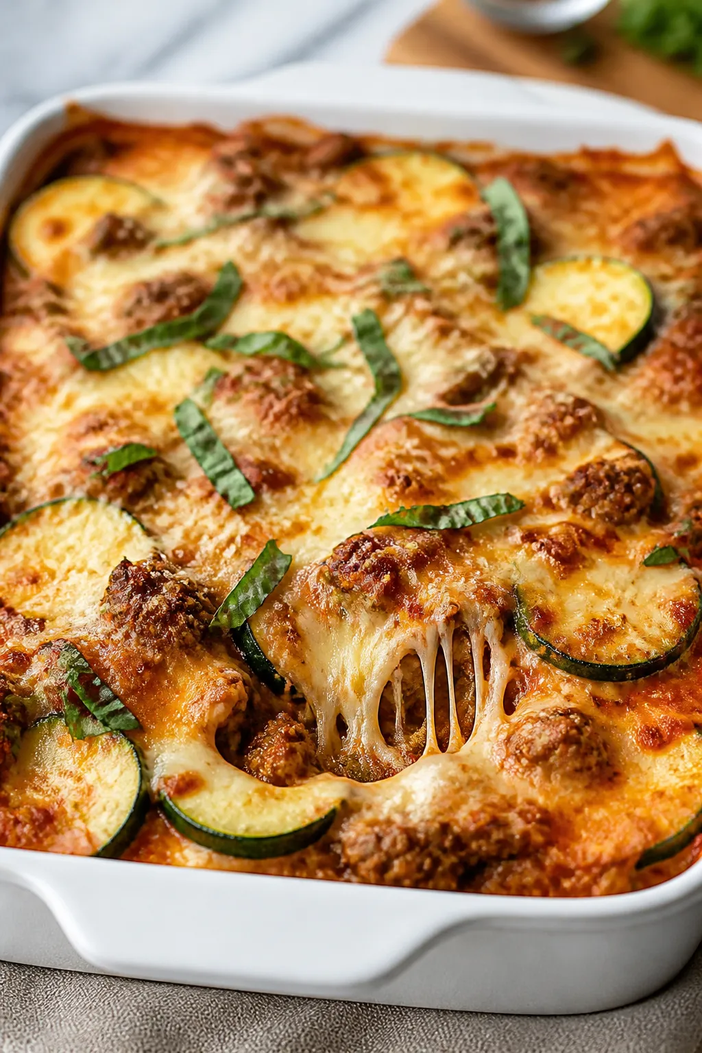 Close-up detail: Bubbly, golden-brown top of the Keto Italian Sausage and Zucchini Casserole just ou