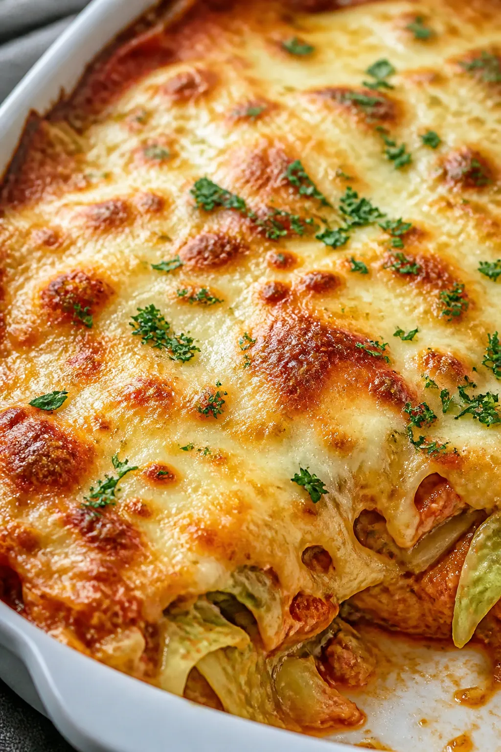 Close-up detail: Bubbly, just-baked keto cabbage casserole with a golden, lightly blistered mozzarel