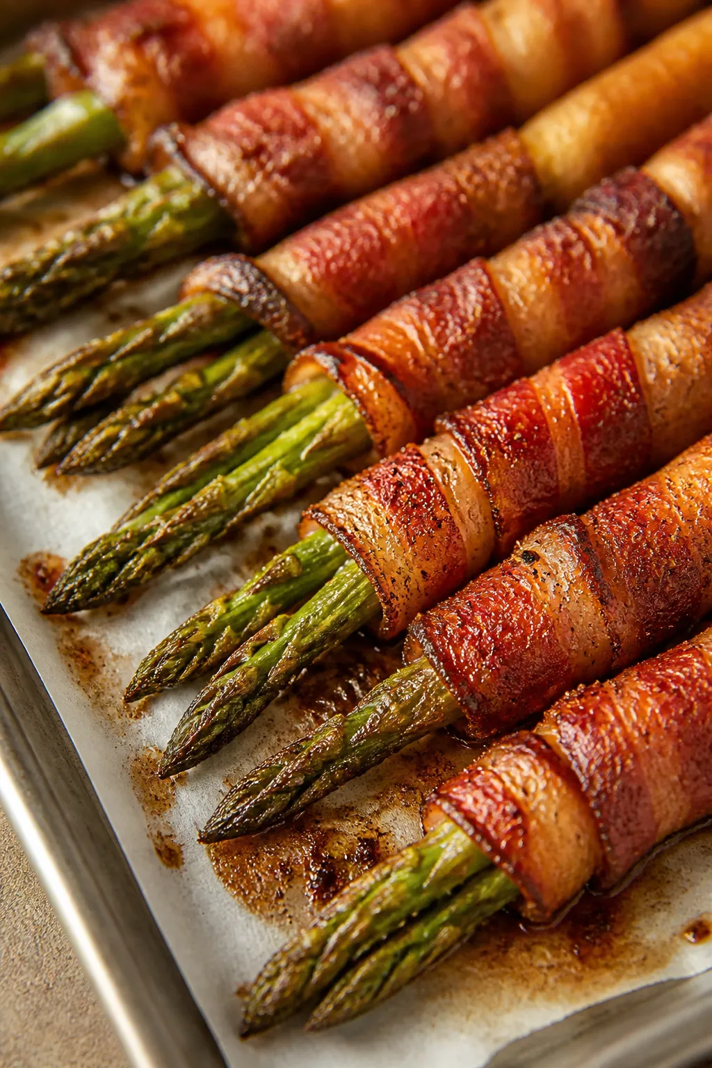 Close-up detail: Crispy bacon-wrapped asparagus just out of the oven, bacon deeply browned with blis