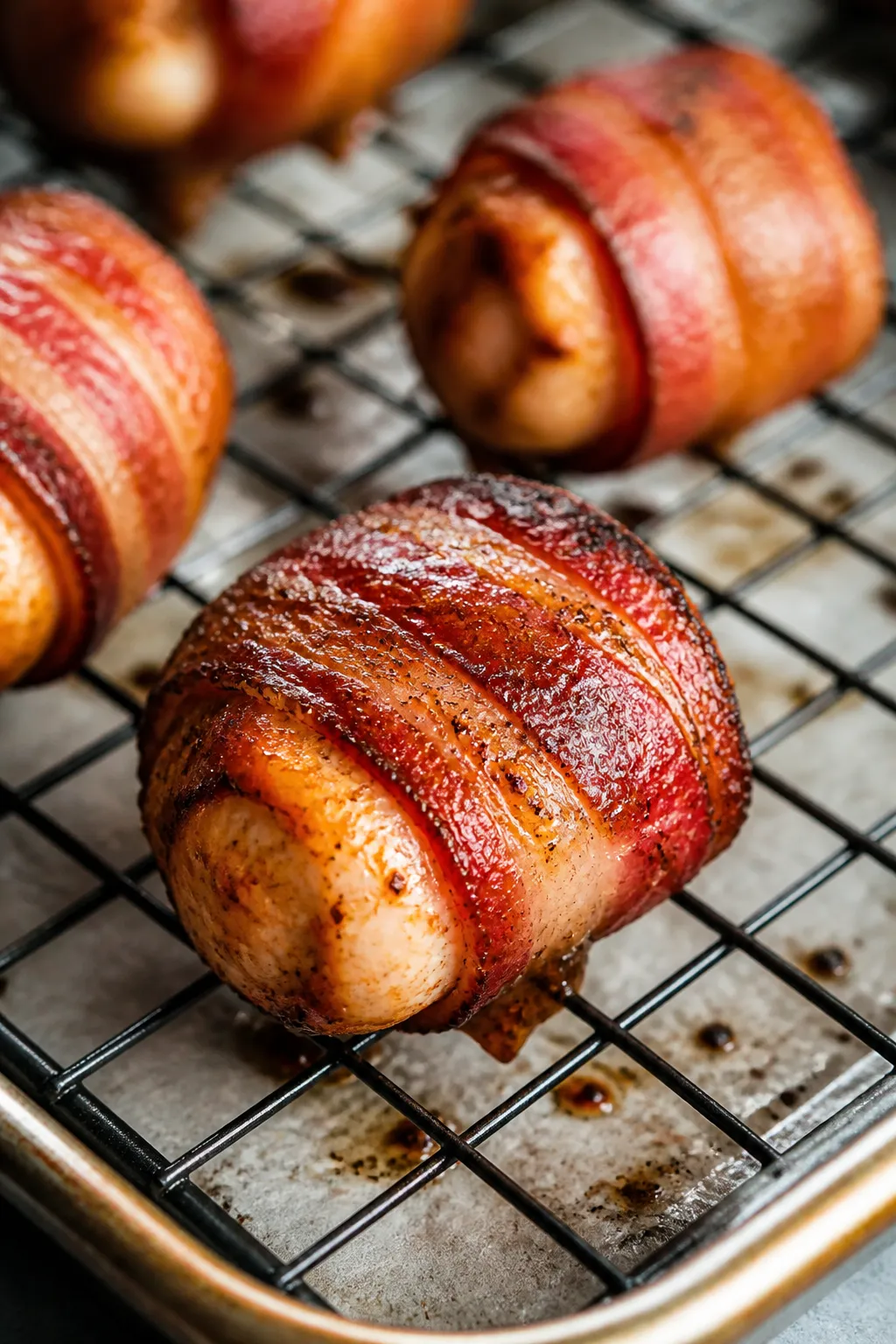 Close-up detail: Crispy bacon-wrapped chicken bite just out of the oven on a wire rack over a parchm