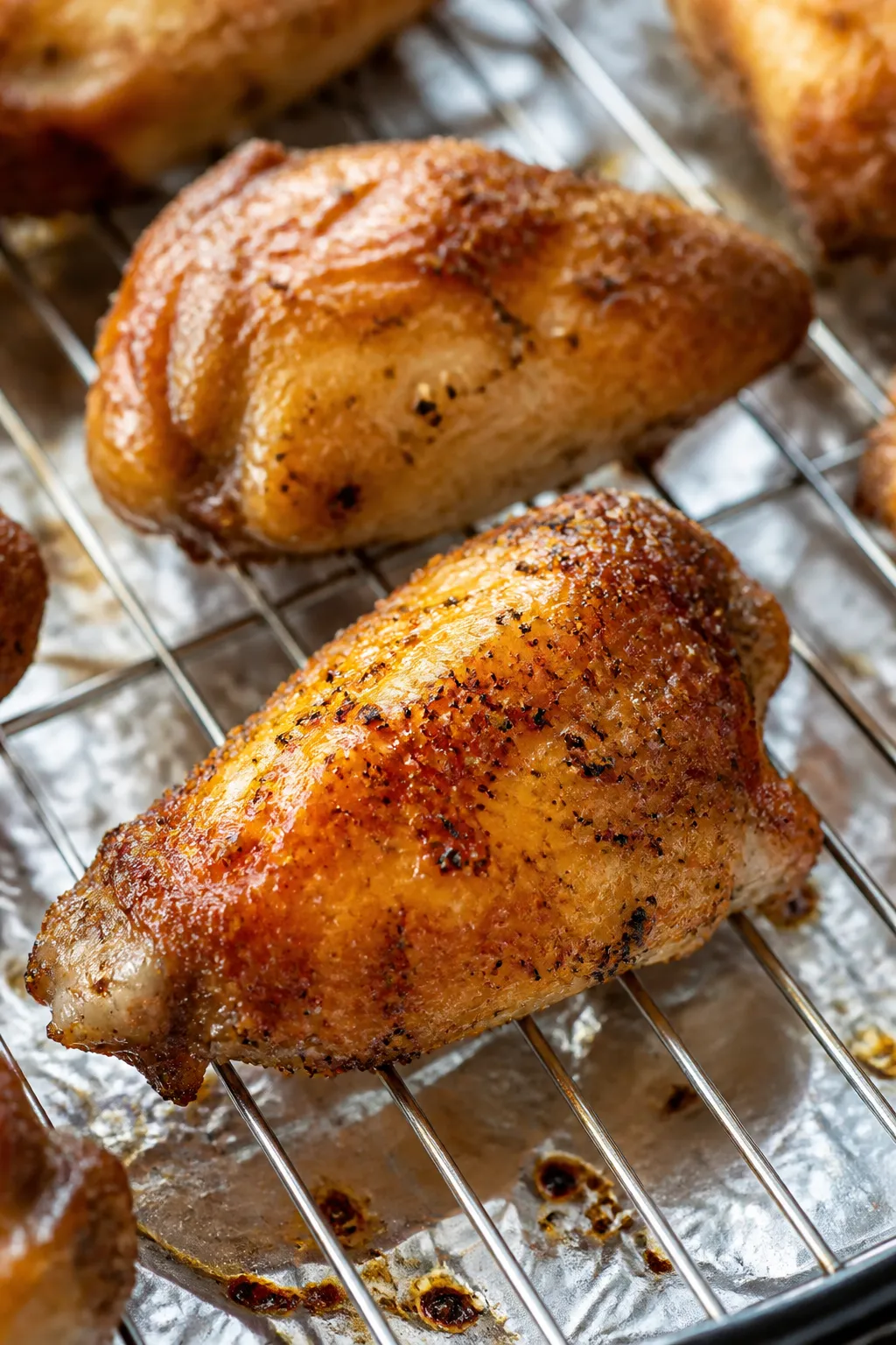 Close-up detail: Crispy baked lemon pepper chicken wings just out of the oven on a wire rack, skin b