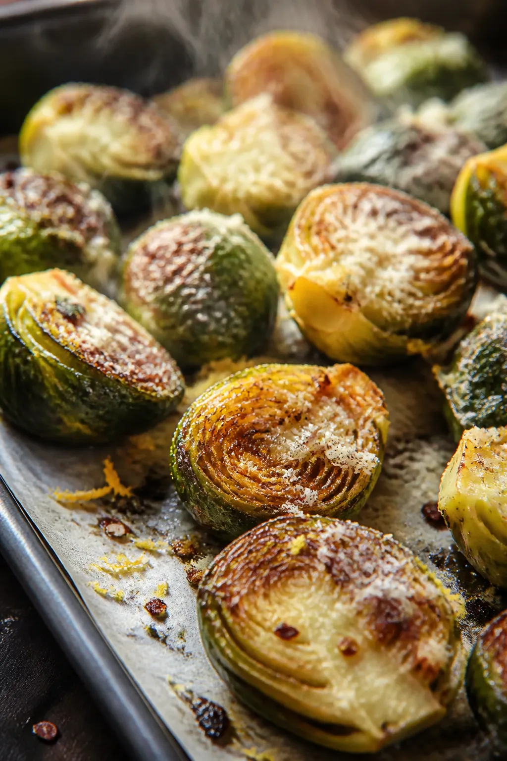 Close-up detail: Crispy roasted Brussels sprouts just out of the oven, cut-sides deeply golden with 