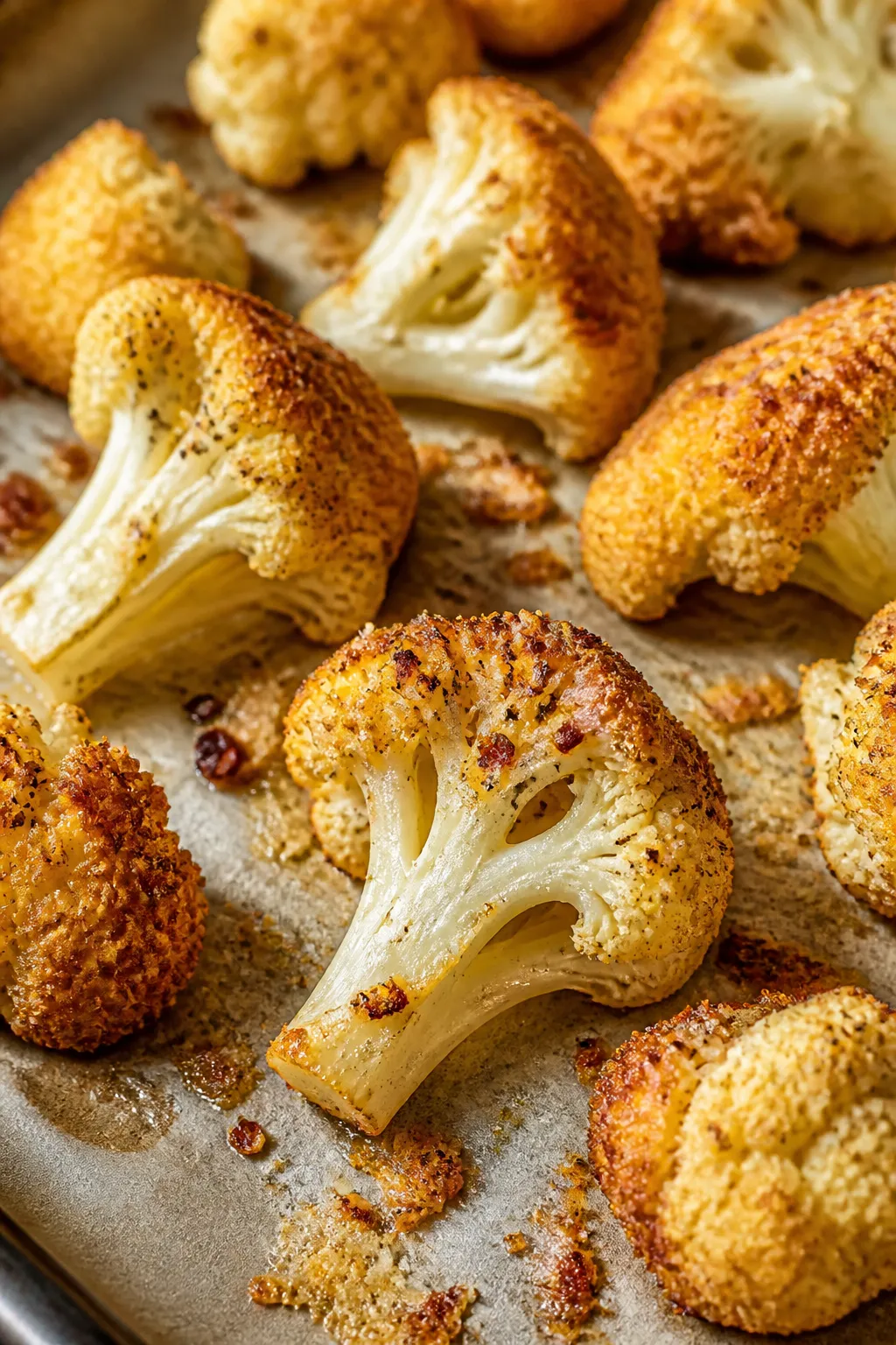 Close-up detail: Crispy roasted cauliflower florets just out of the oven at 425°F, edges deeply car