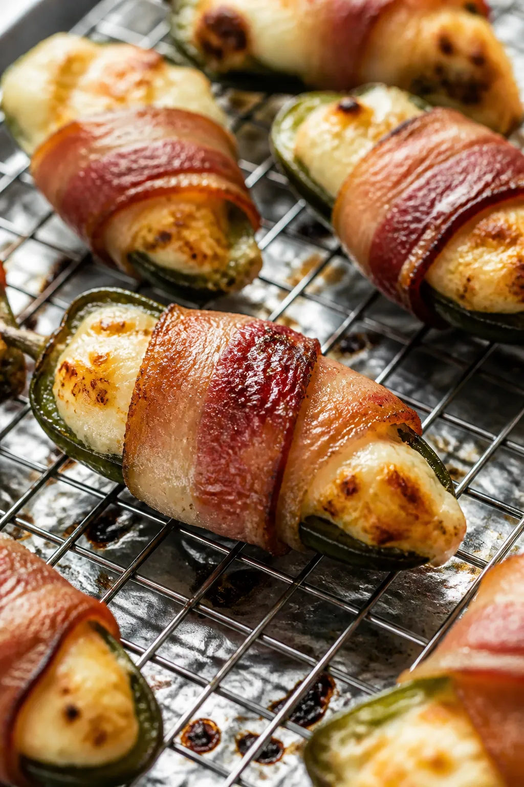 Close-up detail: Freshly baked keto bacon-wrapped jalapeño poppers just out of the oven, bacon rend