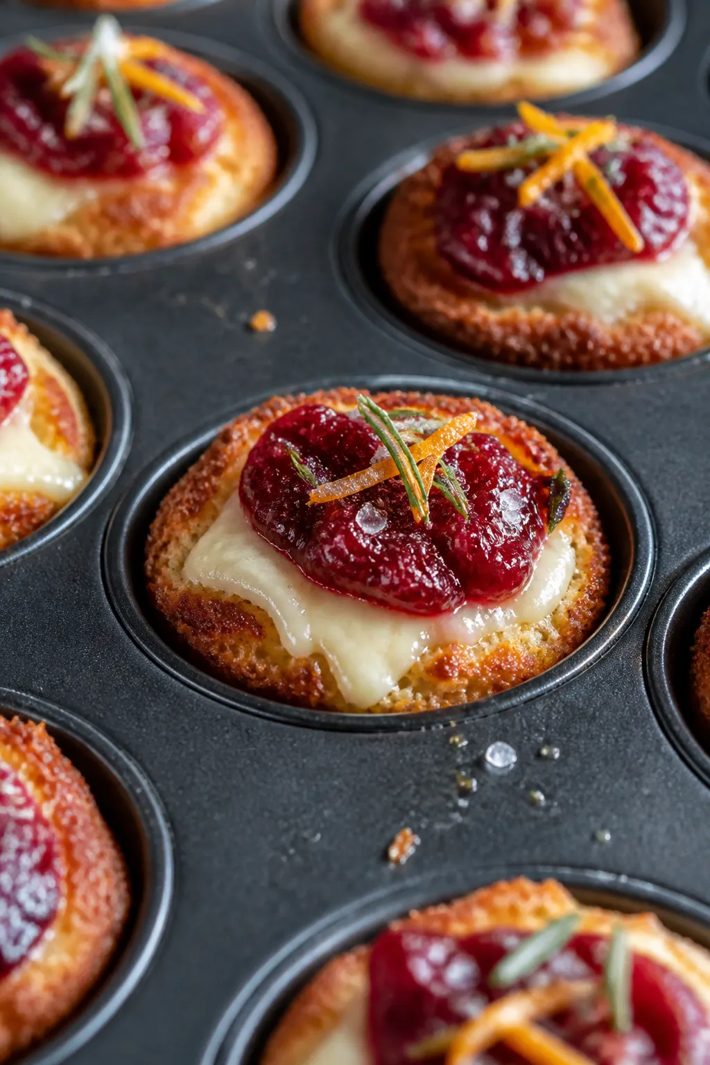 Close-up detail: Freshly baked keto cranberry brie bites just out of the oven in a mini muffin pan,