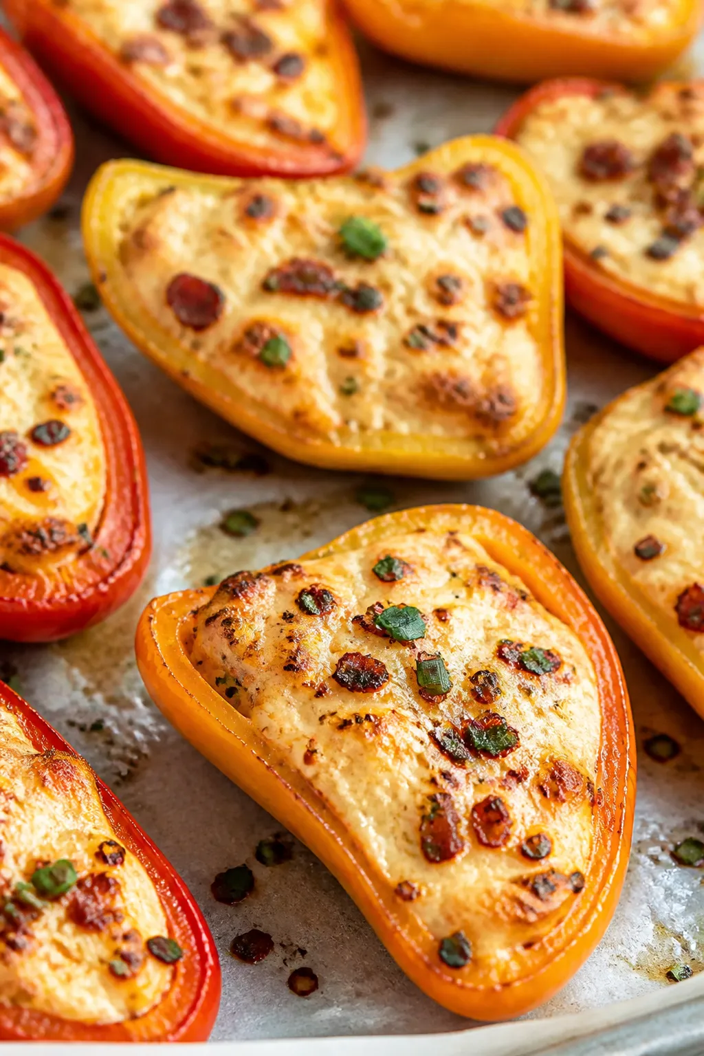 Close-up detail: Freshly baked keto cream cheese stuffed mini peppers just out of the oven, filling 