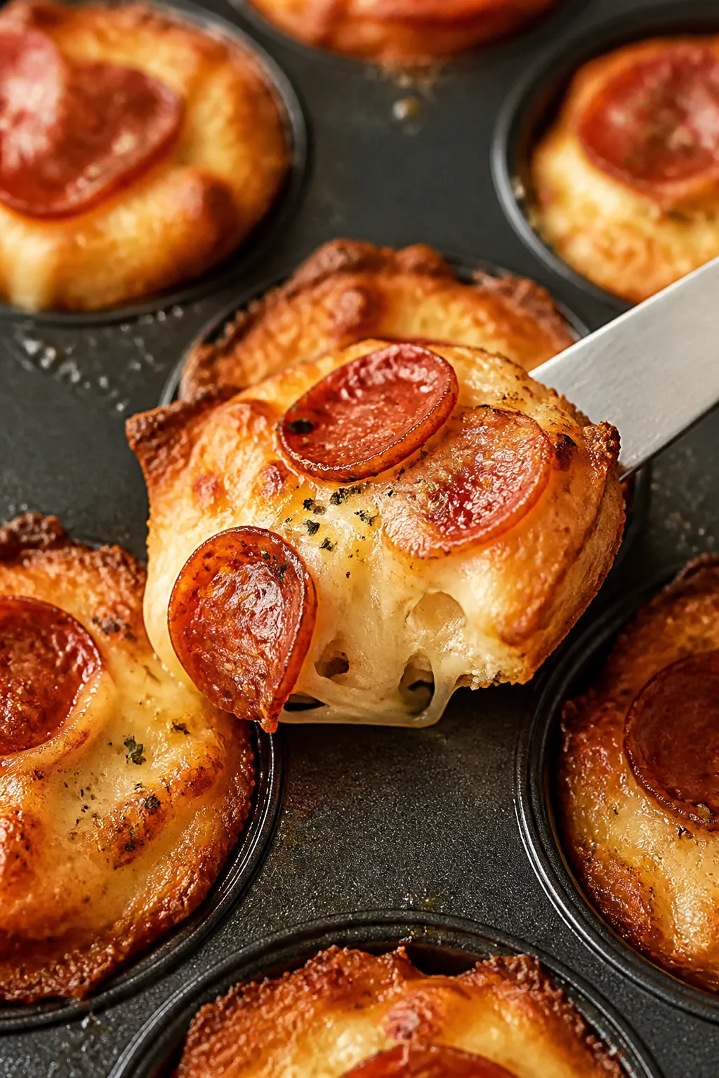 Close-up detail: Freshly baked keto pepperoni pizza bites just out of the mini muffin tin, golden, c