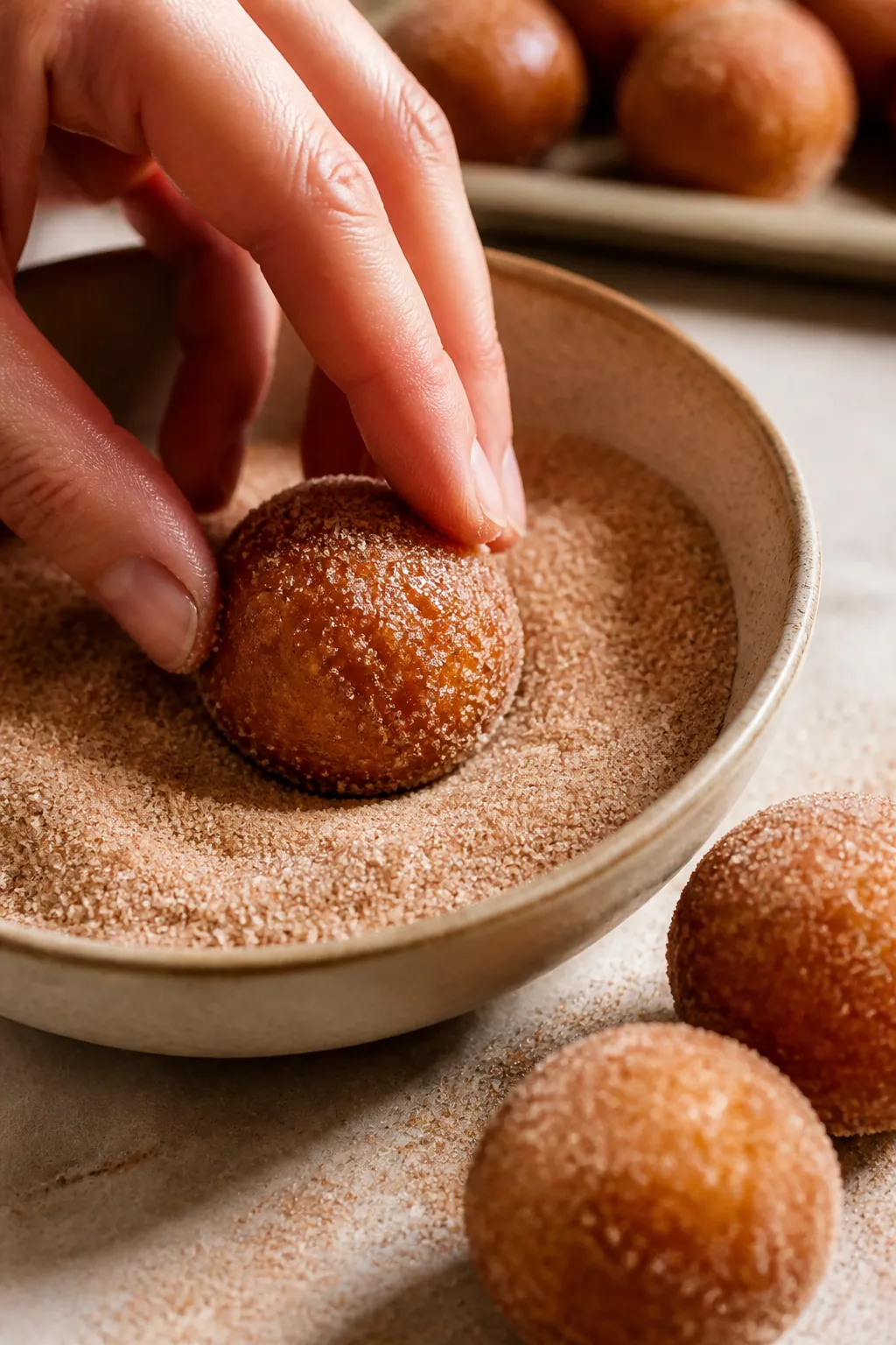Close-up detail: Freshly cooked keto cinnamon donut holes being rolled in cinnamon “sugar” coati