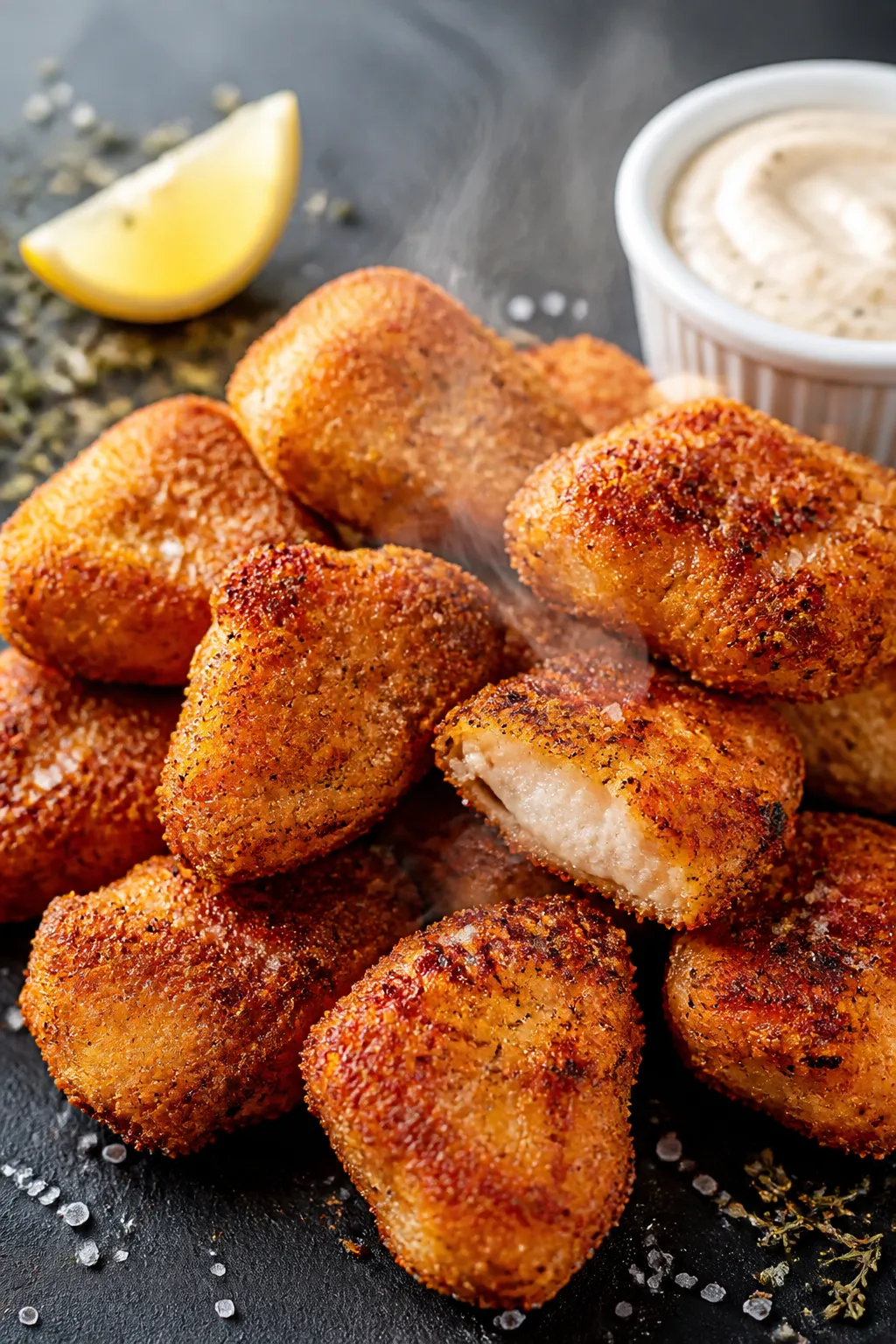 Close-up detail: Golden-brown Keto Parmesan Chicken Nuggets just out of the air fryer, ultra-crispy