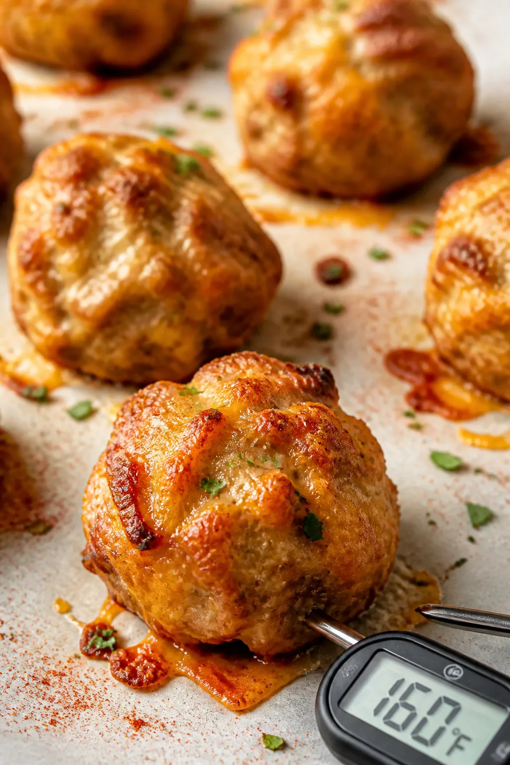 Close-up detail: Golden-browned keto sausage balls just out of the oven on a parchment-lined baking 