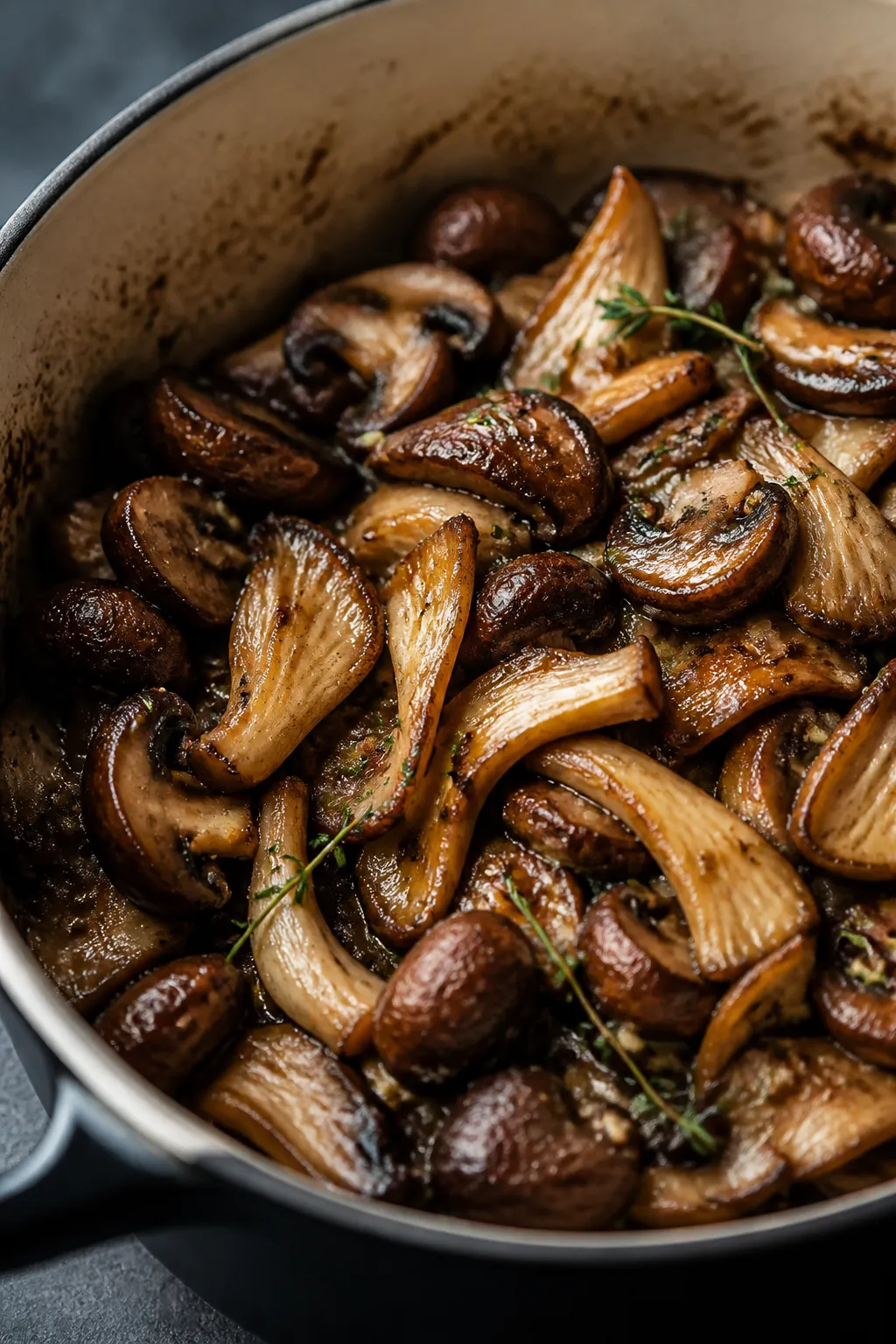 Close-up detail: Golden-browned mixed mushrooms (cremini, shiitake, oyster) sizzling in a Dutch oven