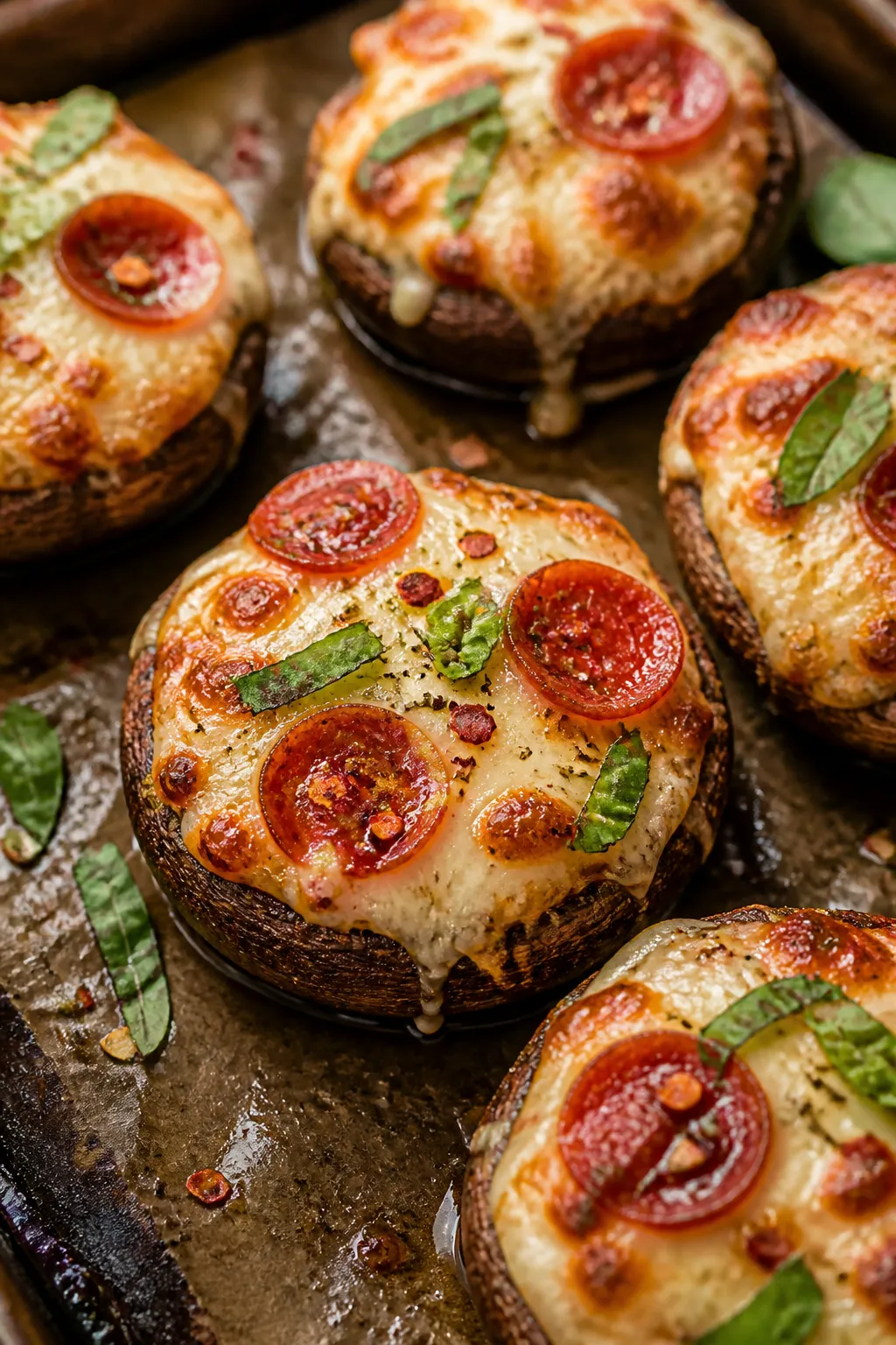 Close-up detail: Golden, bubbling Keto Pizza Stuffed Mushrooms just out of the oven, cheese melted w