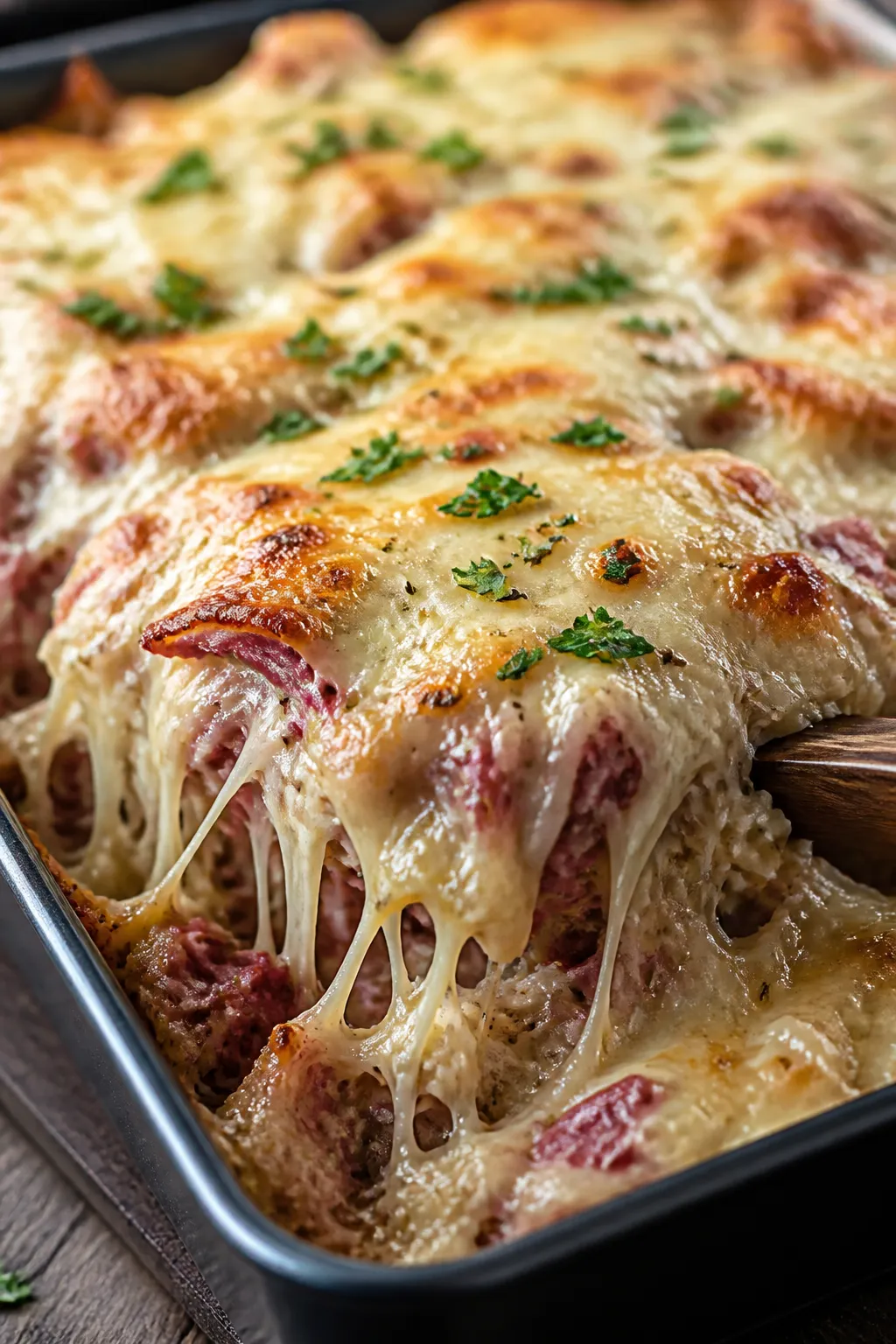 Close-up detail: Golden, bubbly top layer of the baked Keto Reuben Casserole just out of the oven, m