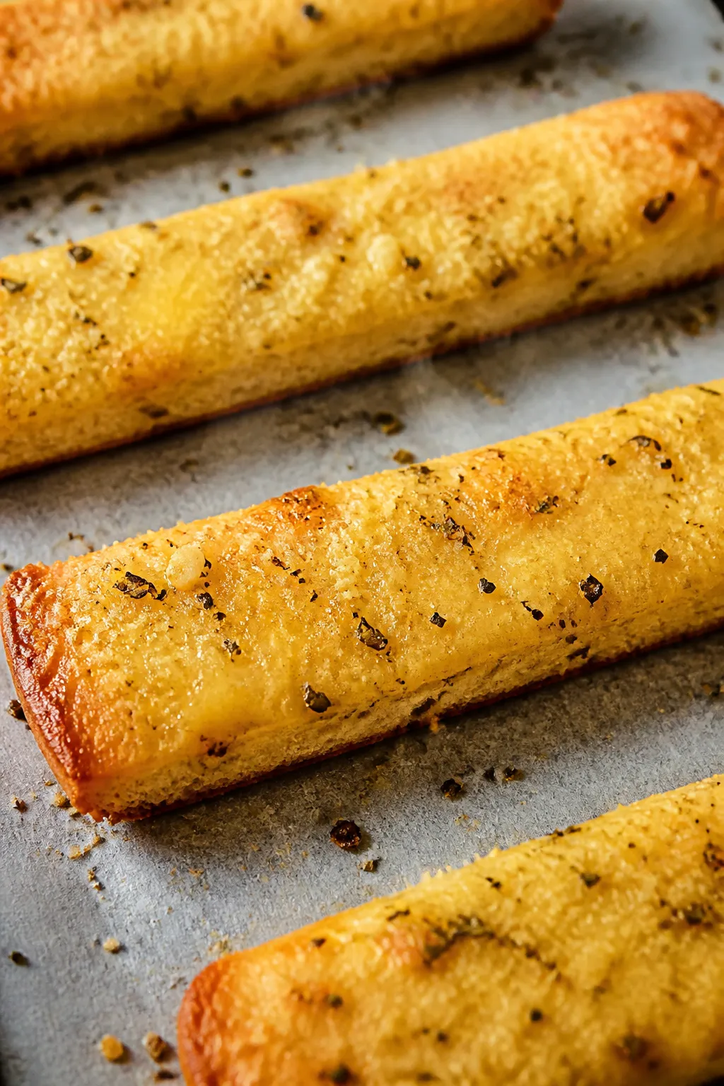 Close-up detail: Golden, par-baked keto garlic breadstick base just brushed with melted butter and m