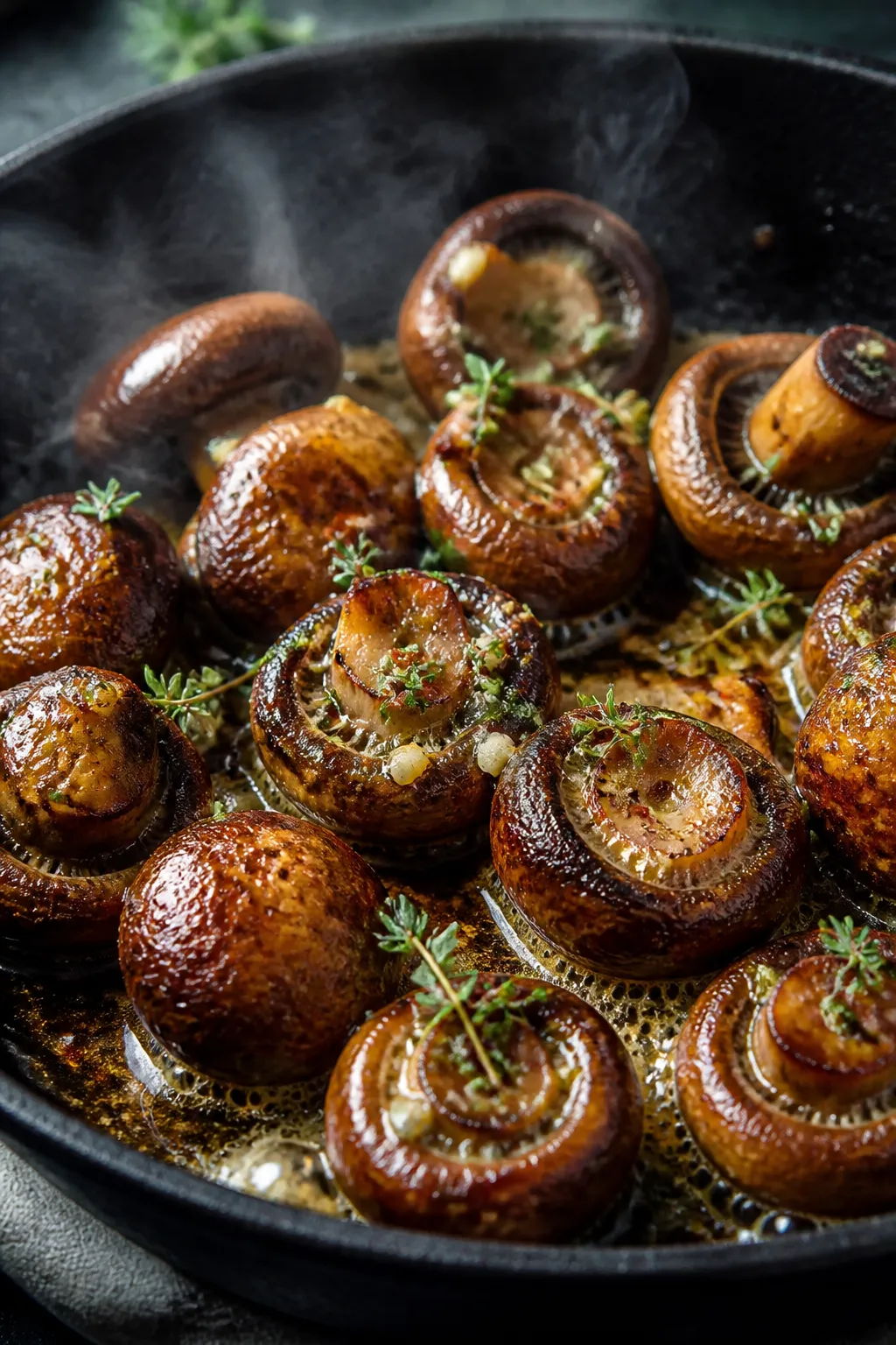 Close-up detail: Golden-seared cremini mushrooms sizzling in a cast-iron skillet, glossy with melted