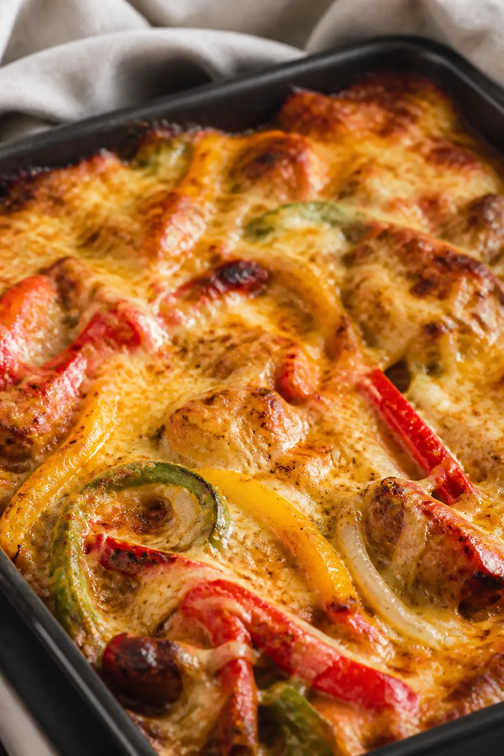 Close-up detail: Gooey, golden-bubbly keto chicken fajita casserole just out of the oven, showing bl