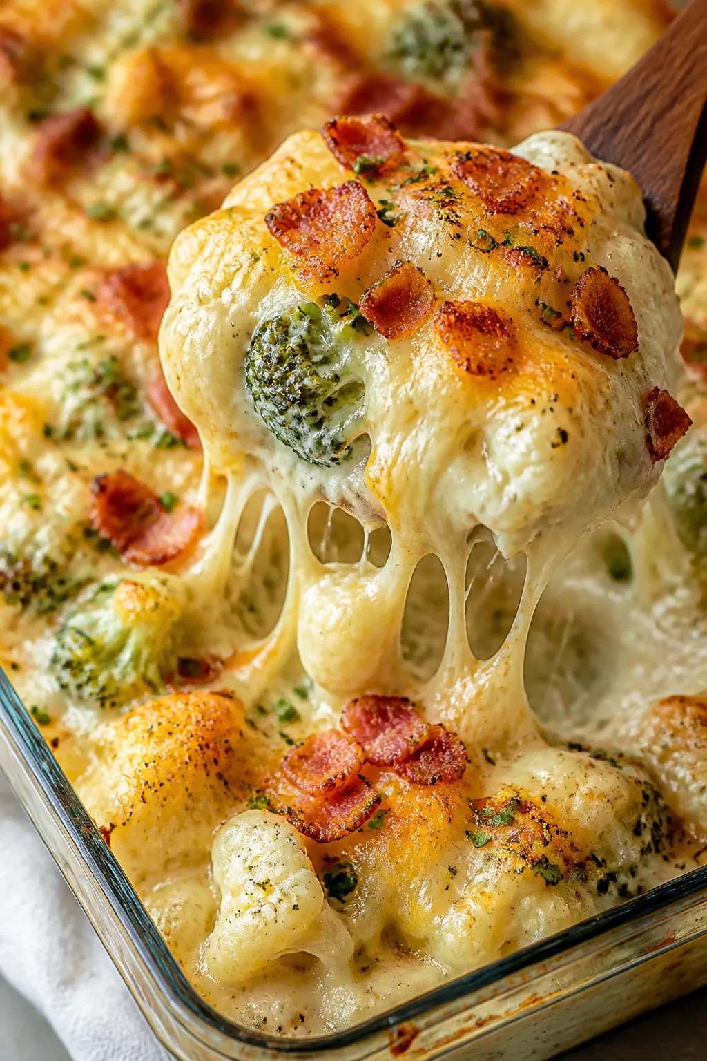 Close-up detail: Gooey, golden-bubbly Keto Chicken Bacon Ranch Casserole just out of the oven, chees