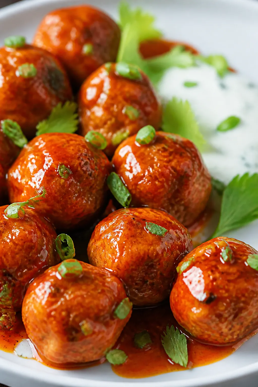 Close-up detail: Juicy baked buffalo chicken meatballs just tossed in a glossy buffalo-butter sauce,
