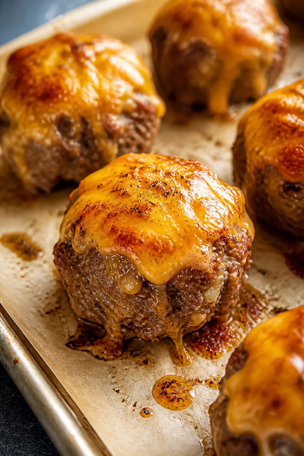 Close-up detail: Juicy keto cheeseburger meatballs just out of the oven, cheddar melted and bubbling