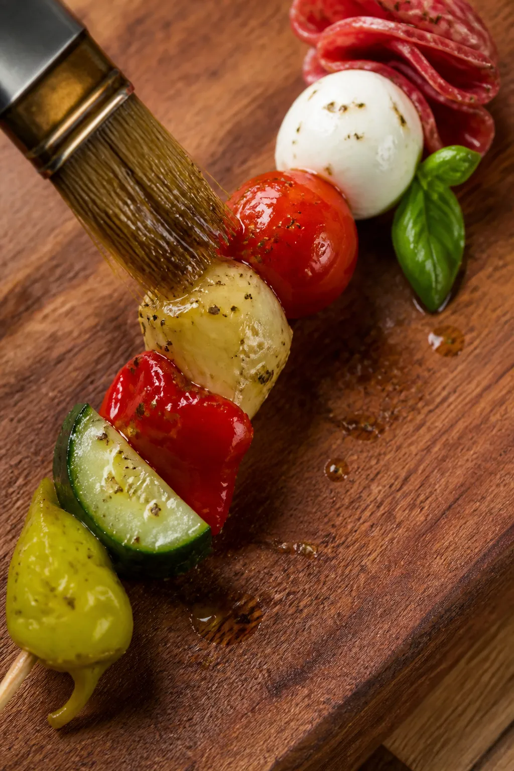 Close-up detail: Keto Italian Antipasto Skewer being lightly brushed with vinaigrette, showing gloss