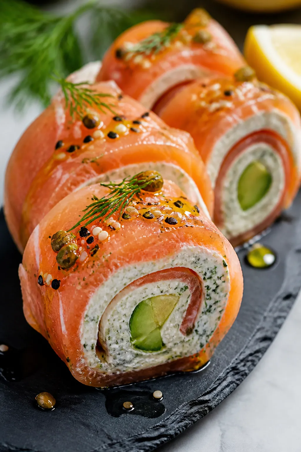 Close-up detail: Neatly sliced keto smoked salmon breakfast roll-ups with a tight spiral of coral sa