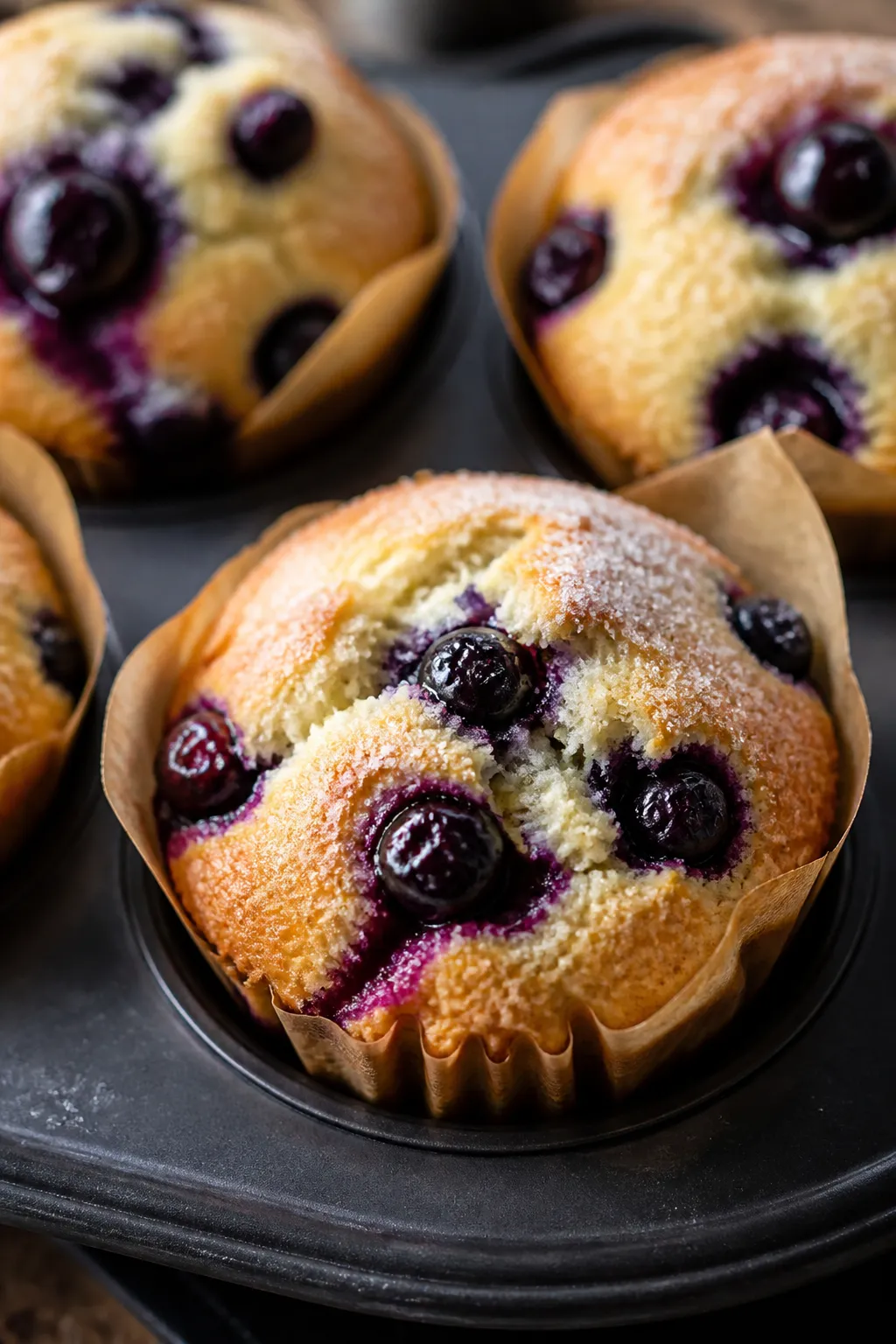 Close-up detail of freshly baked keto blueberry muffins just out of the oven, golden tops with a lig