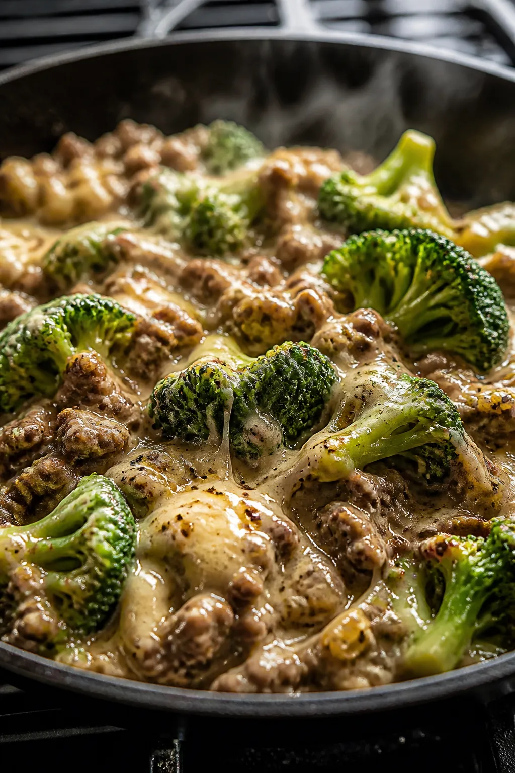Close-up detail of the creamy beef-and-broccoli mixture just after folding together in the skillet: 