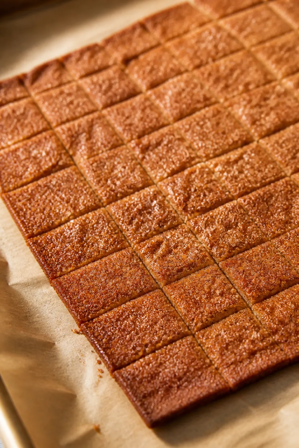Close-up detail: Paper-thin sheet of baked keto cinnamon crunch cereal just out of the oven on parch